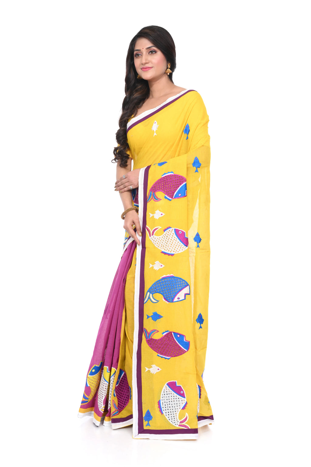 Half - and - Half Yellow Pink Applique Saree with Fish Motifs