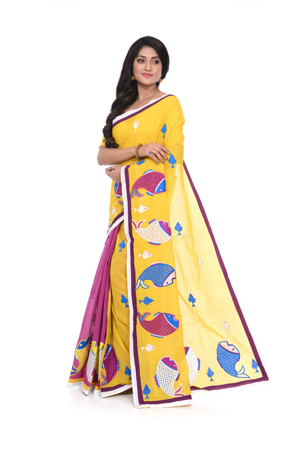 Half - and - Half Yellow Pink Applique Saree with Fish Motifs