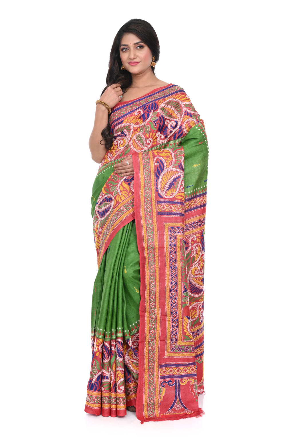 Pure Tussar Saree (green Base) with Red Border & Kantha Stitch