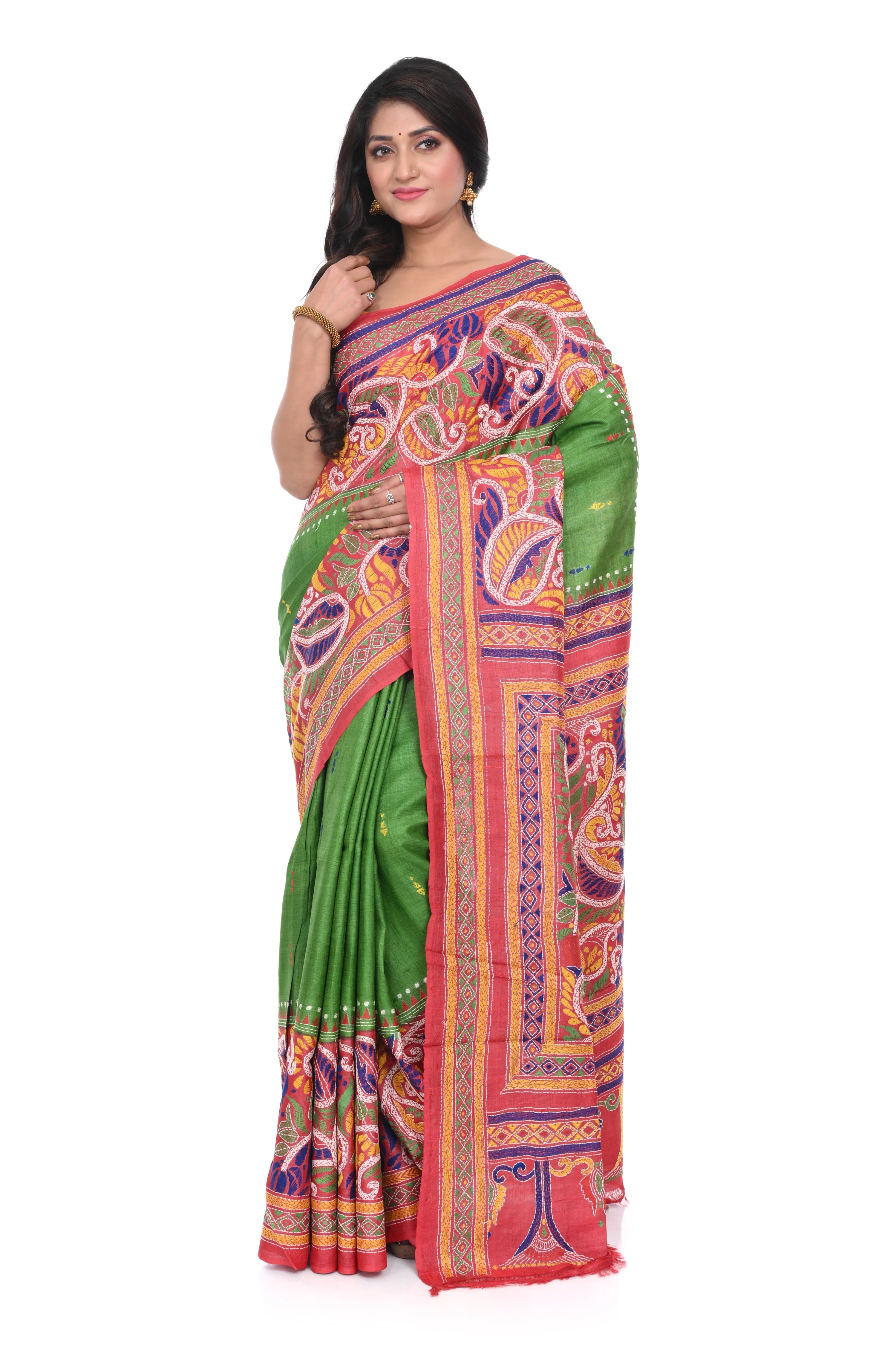 Pure Tussar Saree (green Base) with Red Border & Kantha Stitch