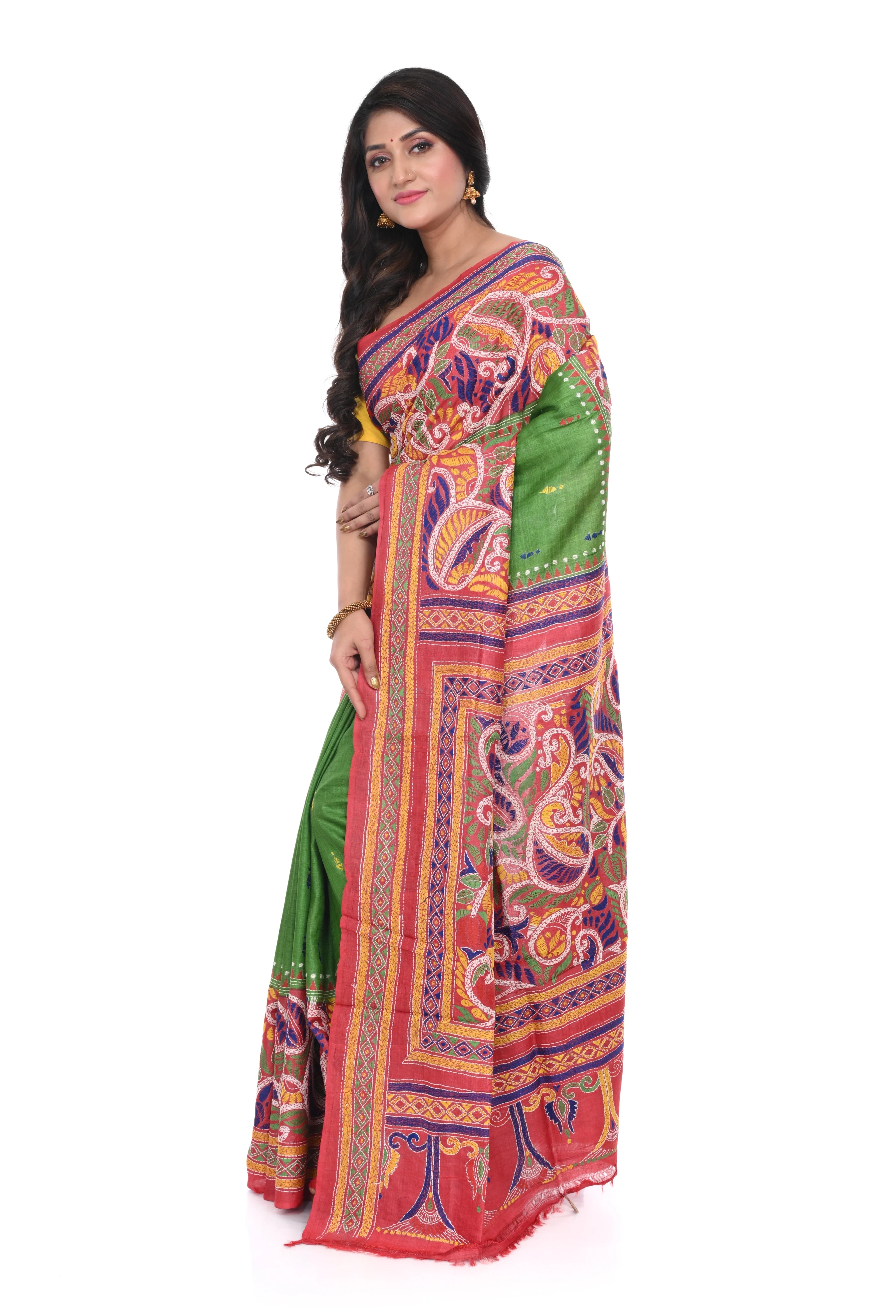 Pure Tussar Saree (green Base) with Red Border & Kantha Stitch