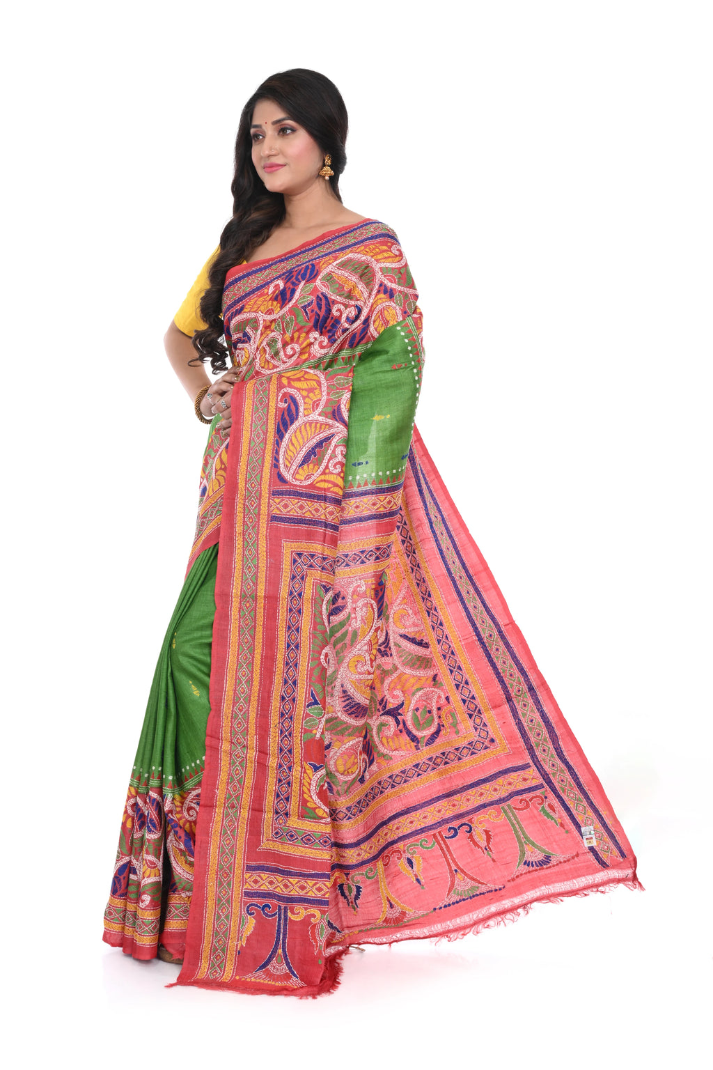 Pure Tussar Saree (green Base) with Red Border & Kantha Stitch