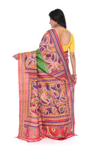 Pure Tussar Saree (green Base) with Red Border & Kantha Stitch