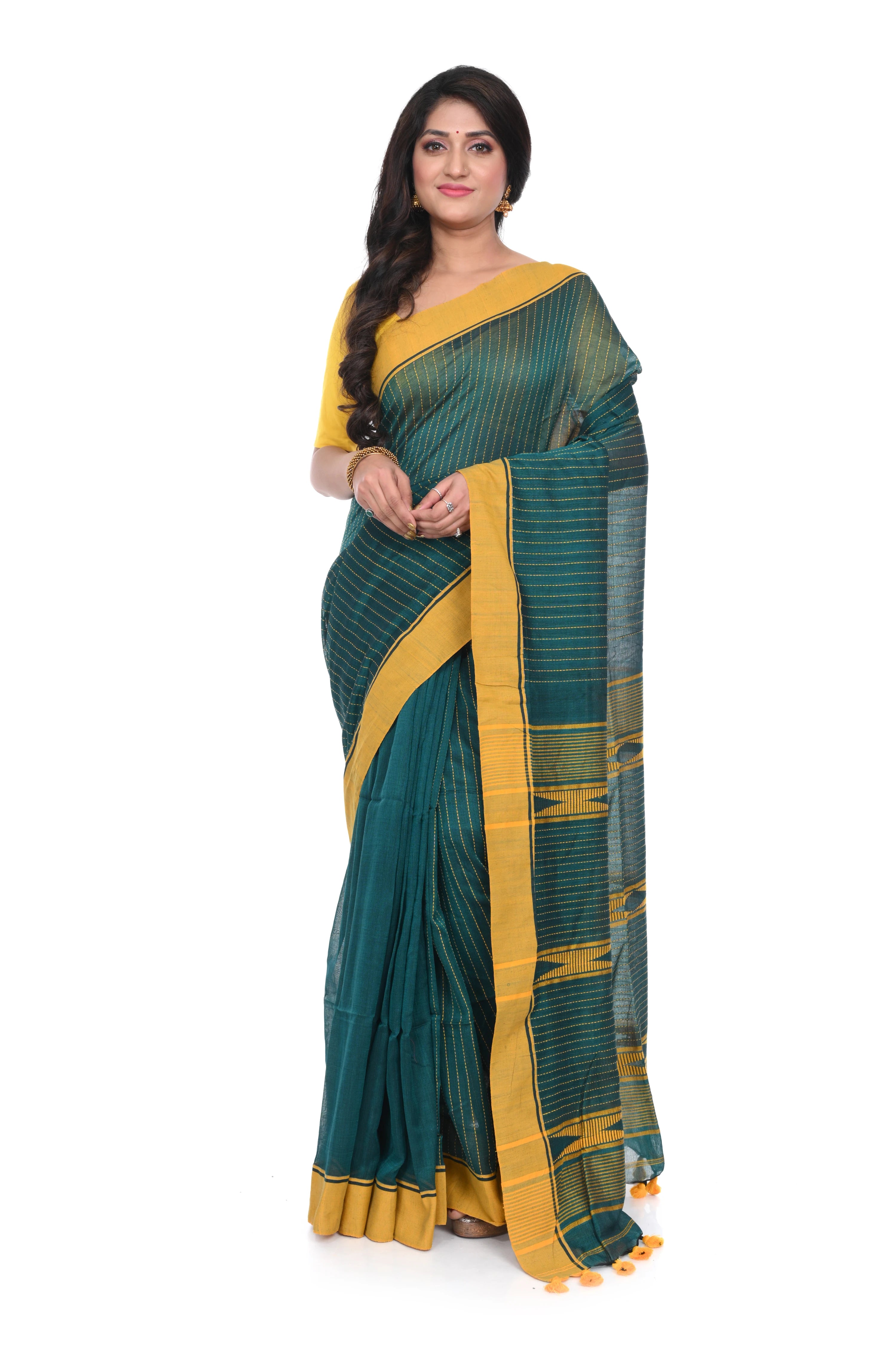 Sap Green Cotton Handloom Saree with Yellow Border
