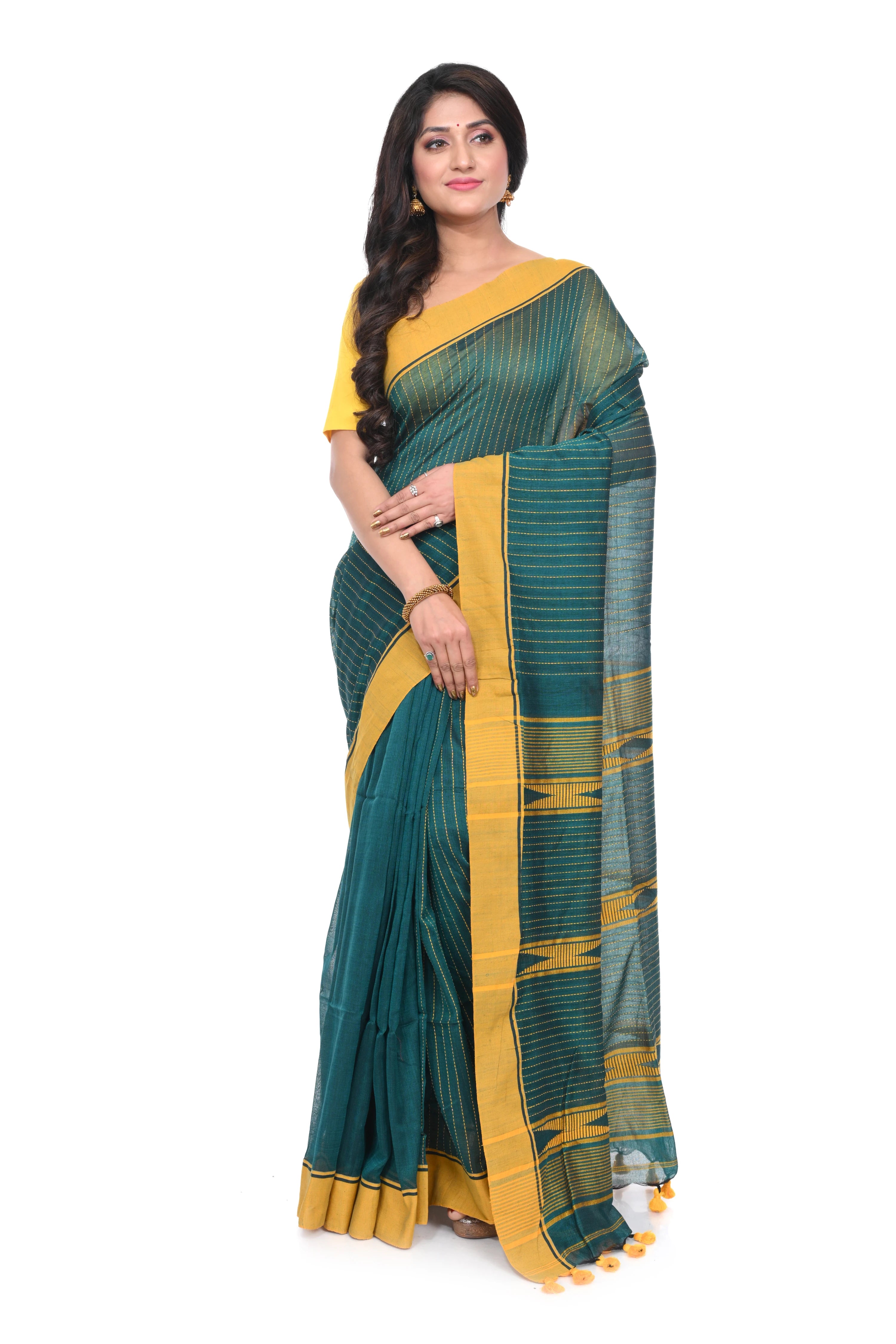 Sap Green Cotton Handloom Saree with Yellow Border