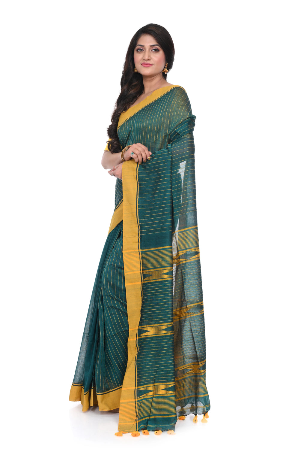 Sap Green Cotton Handloom Saree with Yellow Border