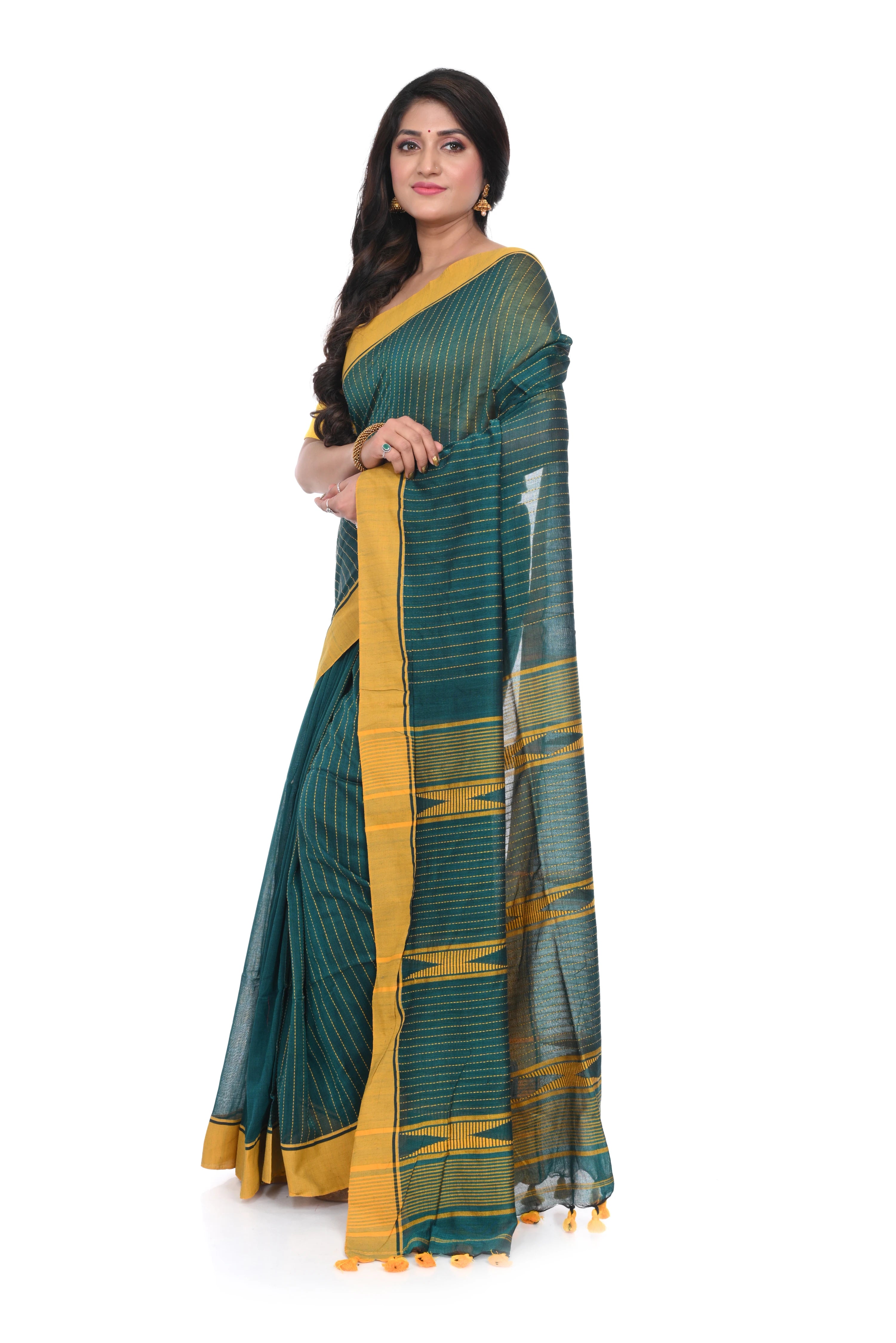 Sap Green Cotton Handloom Saree with Yellow Border