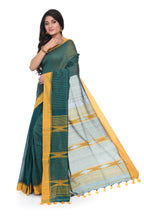 Sap Green Cotton Handloom Saree with Yellow Border