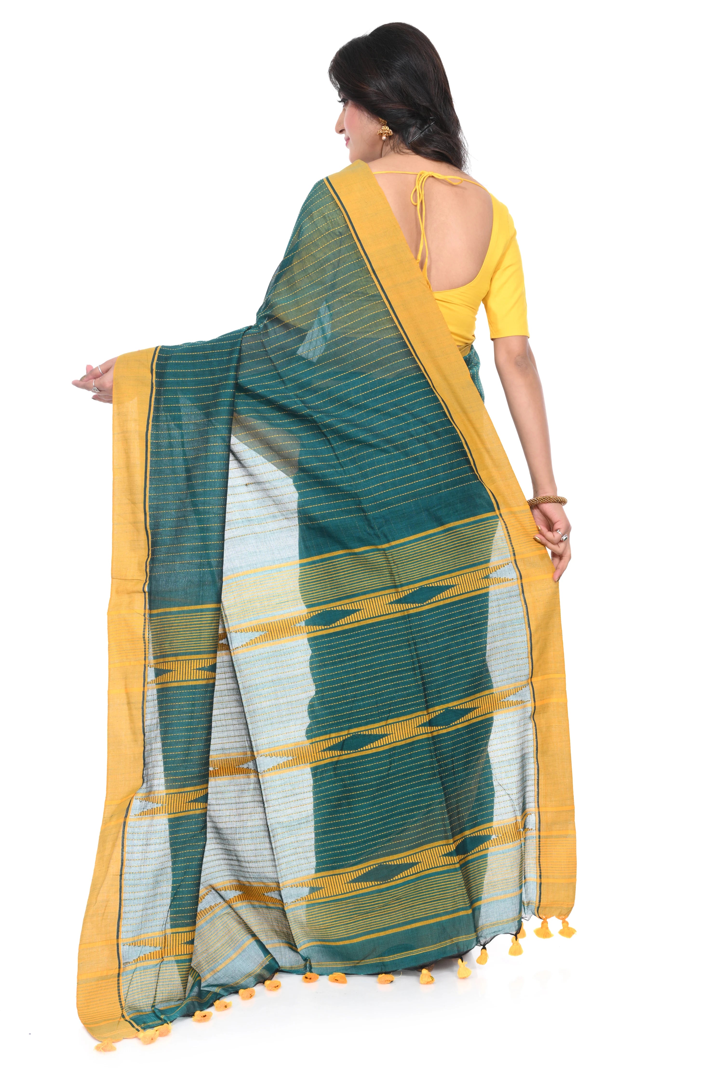 Sap Green Cotton Handloom Saree with Yellow Border