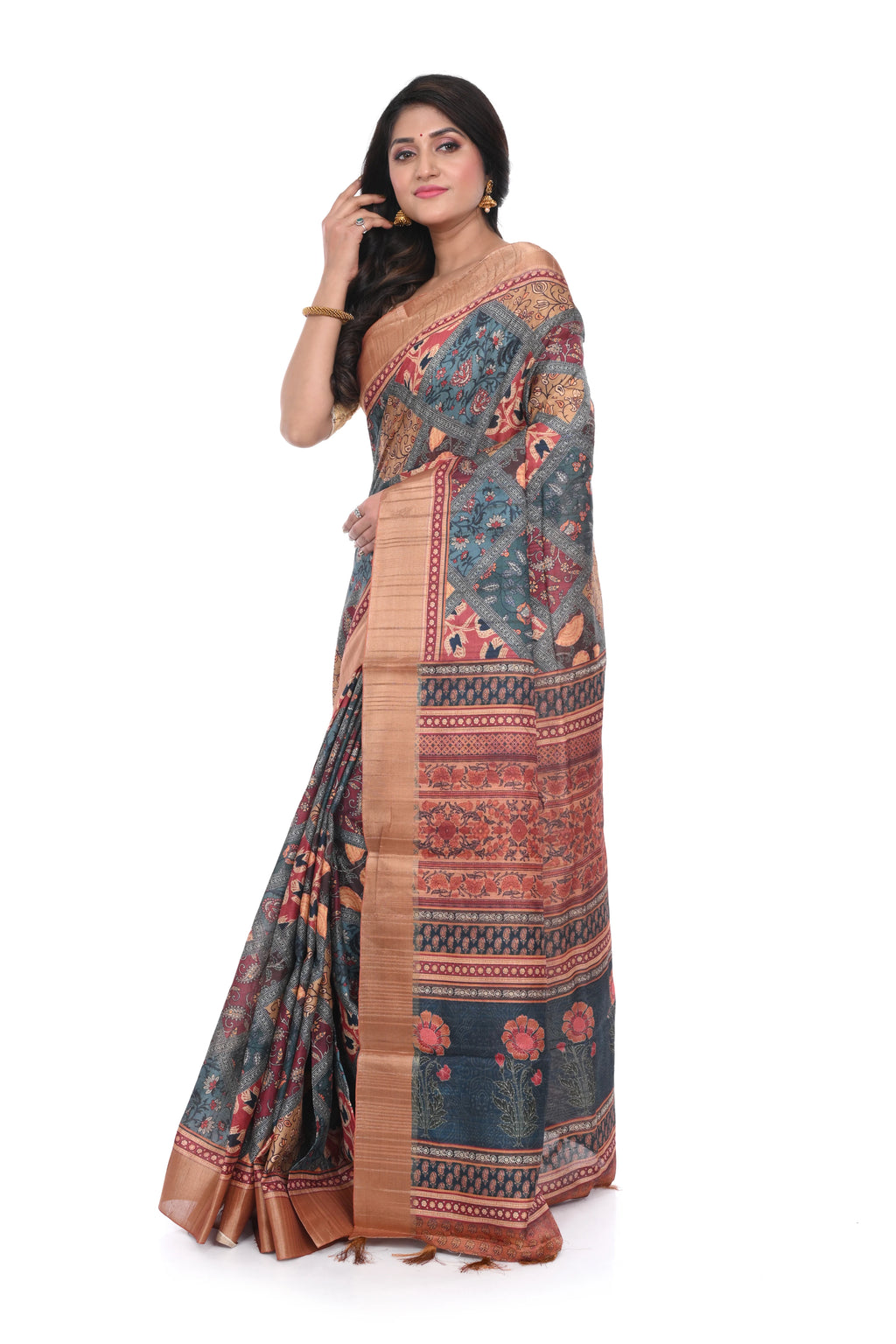 Semi Tussar Saree with Copper Border & Mosaic Print
