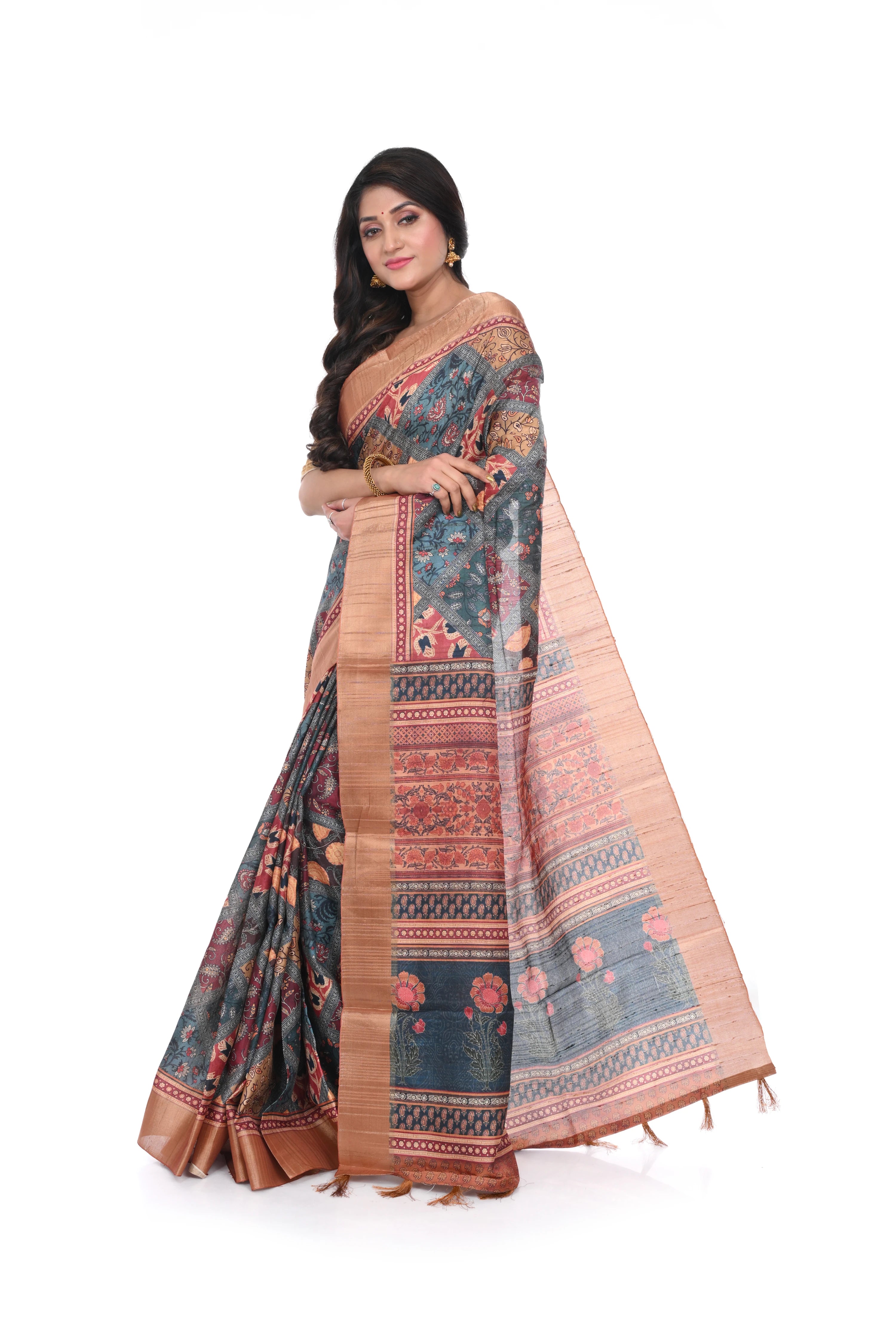 Semi Tussar Saree with Copper Border & Mosaic Print