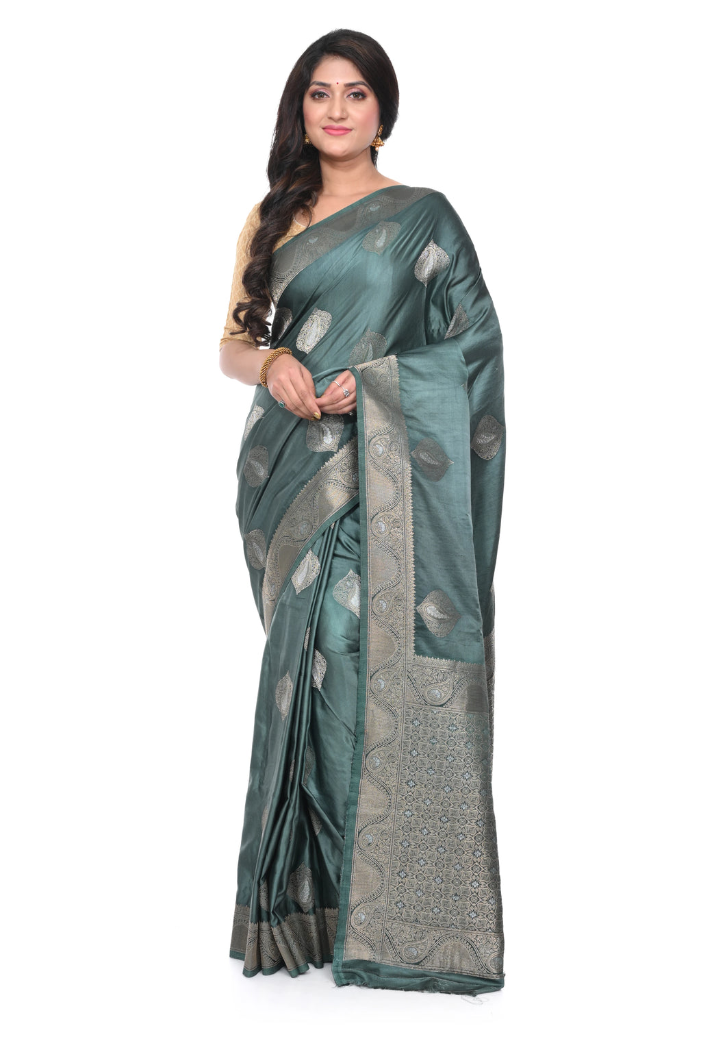 Deep Olive Green Mashru Silk Saree with Antique Zari Border