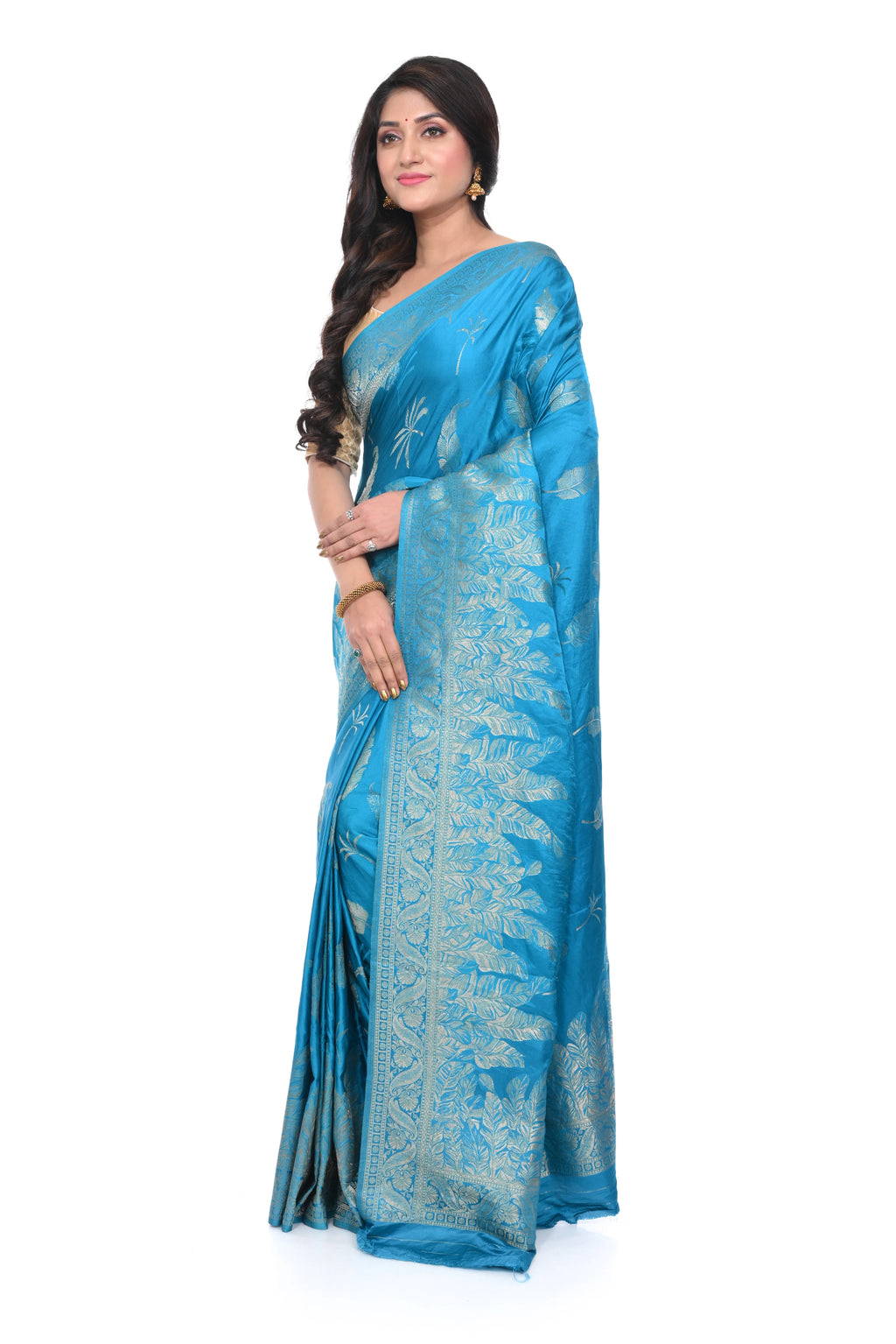 Sky Blue Mashru Silk Saree with Antique Zari Border