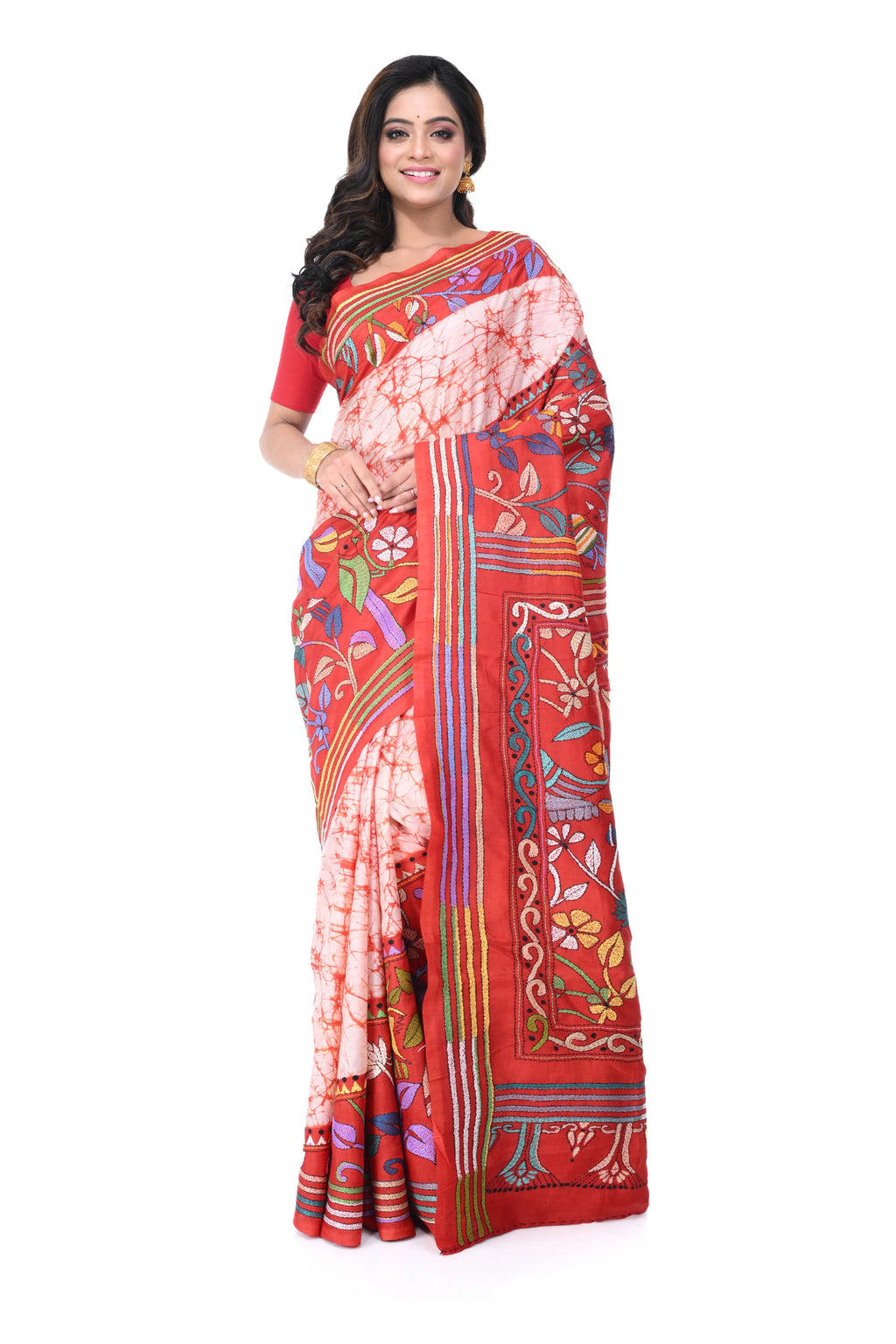 Red & White Kantha Batik Pure Silk Saree with Multicolour Thread Work