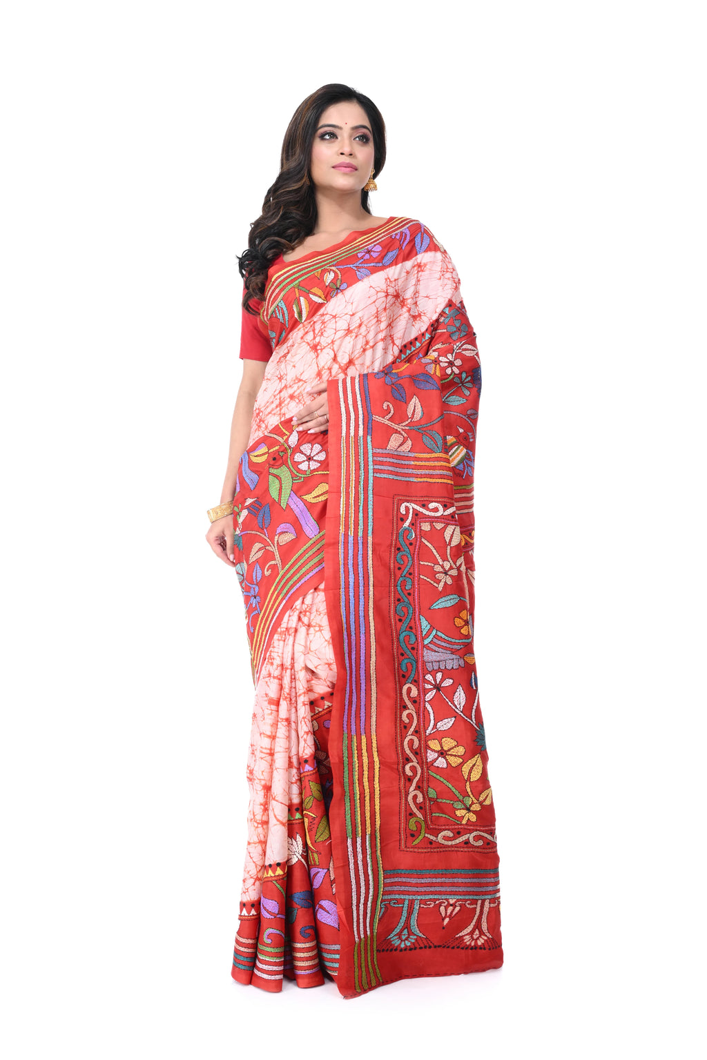 Red & White Kantha Batik Pure Silk Saree with Multicolour Thread Work