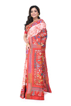 Red & White Kantha Batik Pure Silk Saree with Multicolour Thread Work