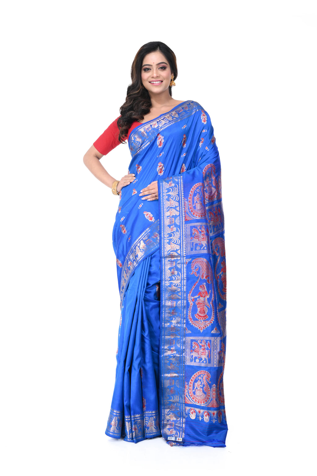 Blue Swarnachari Saree with Red Meenakari Work