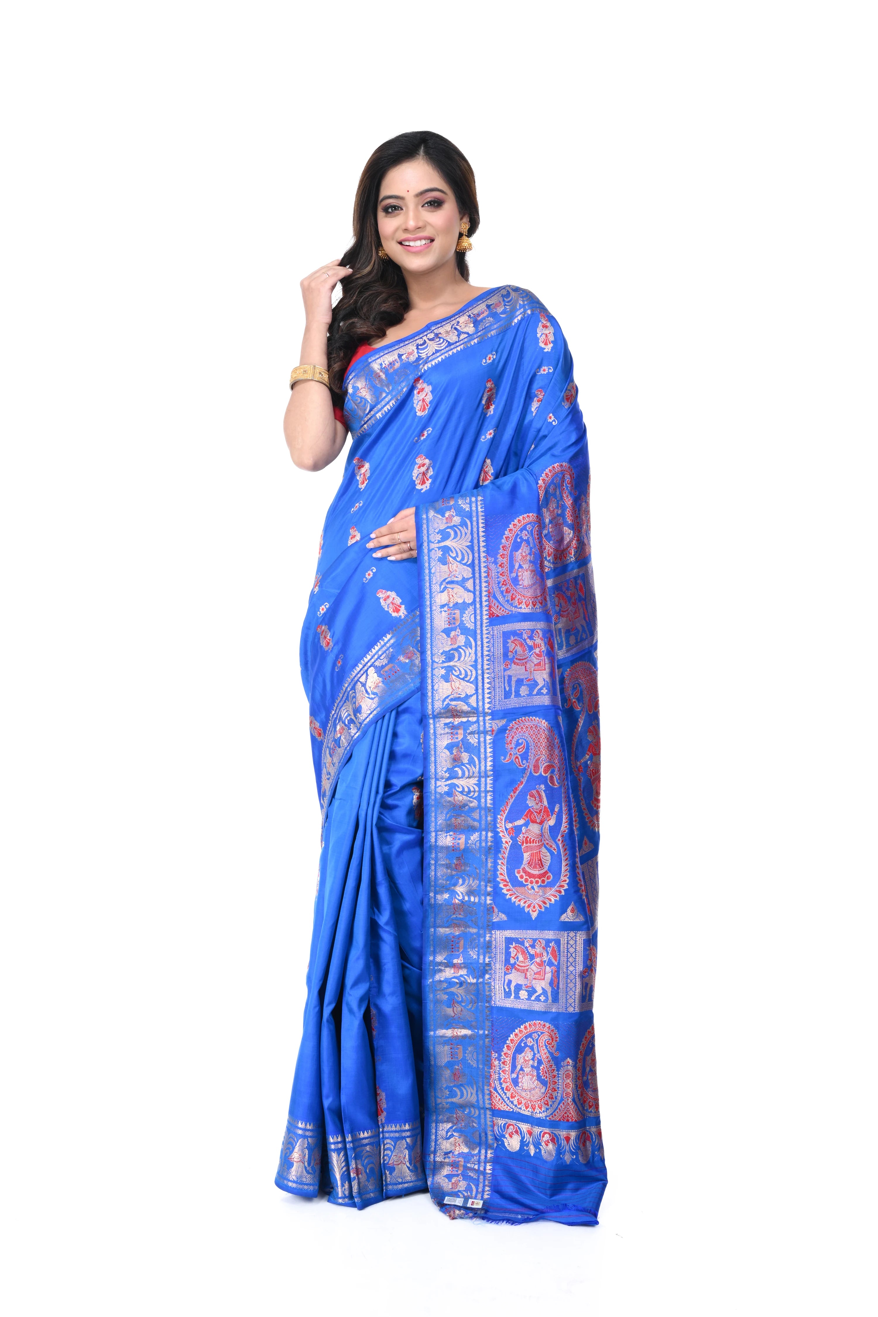 Blue Swarnachari Saree with Red Meenakari Work