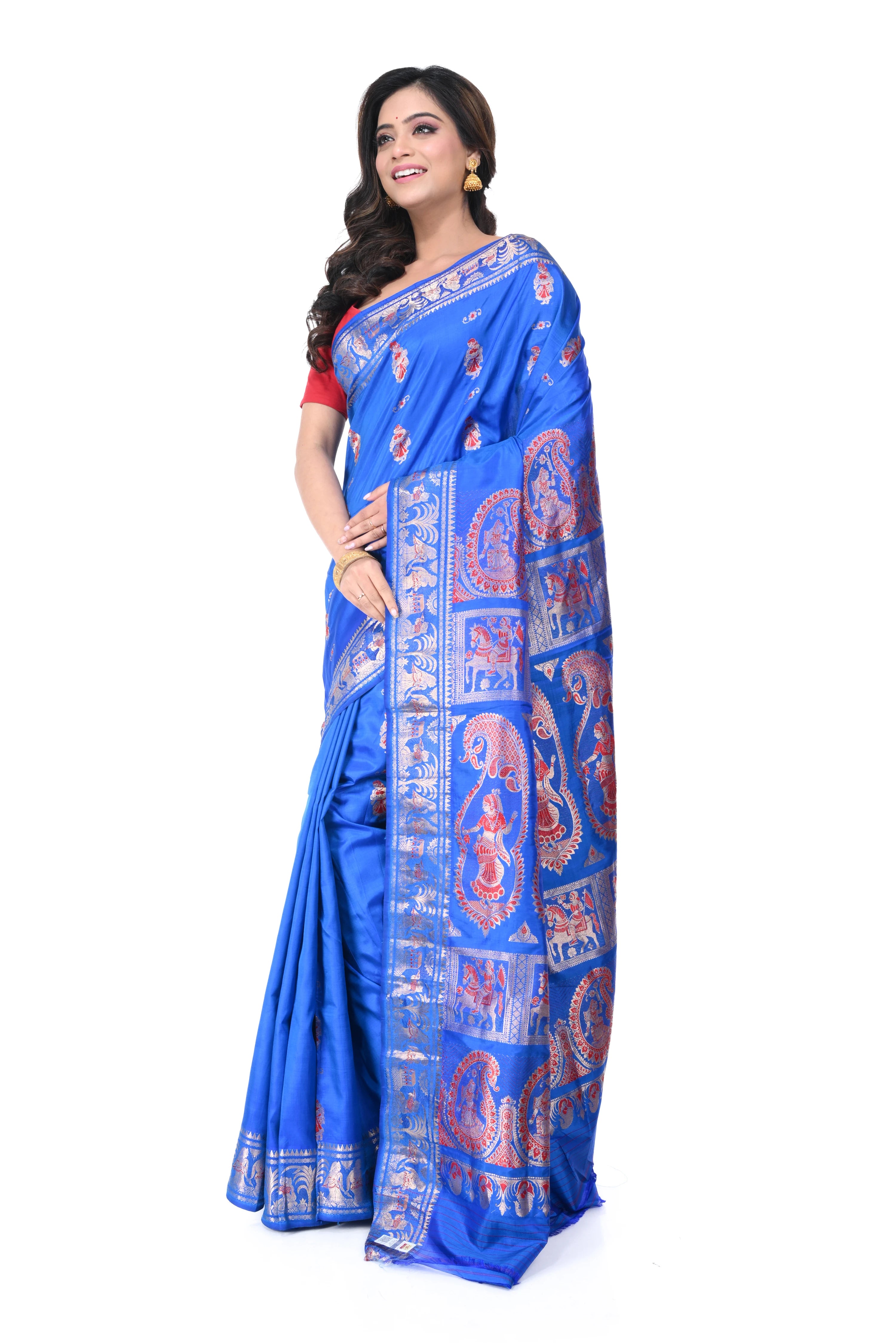 Blue Swarnachari Saree with Red Meenakari Work