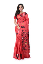 Red Pure Tussar Silk Saree with Rose Motif Needle Work