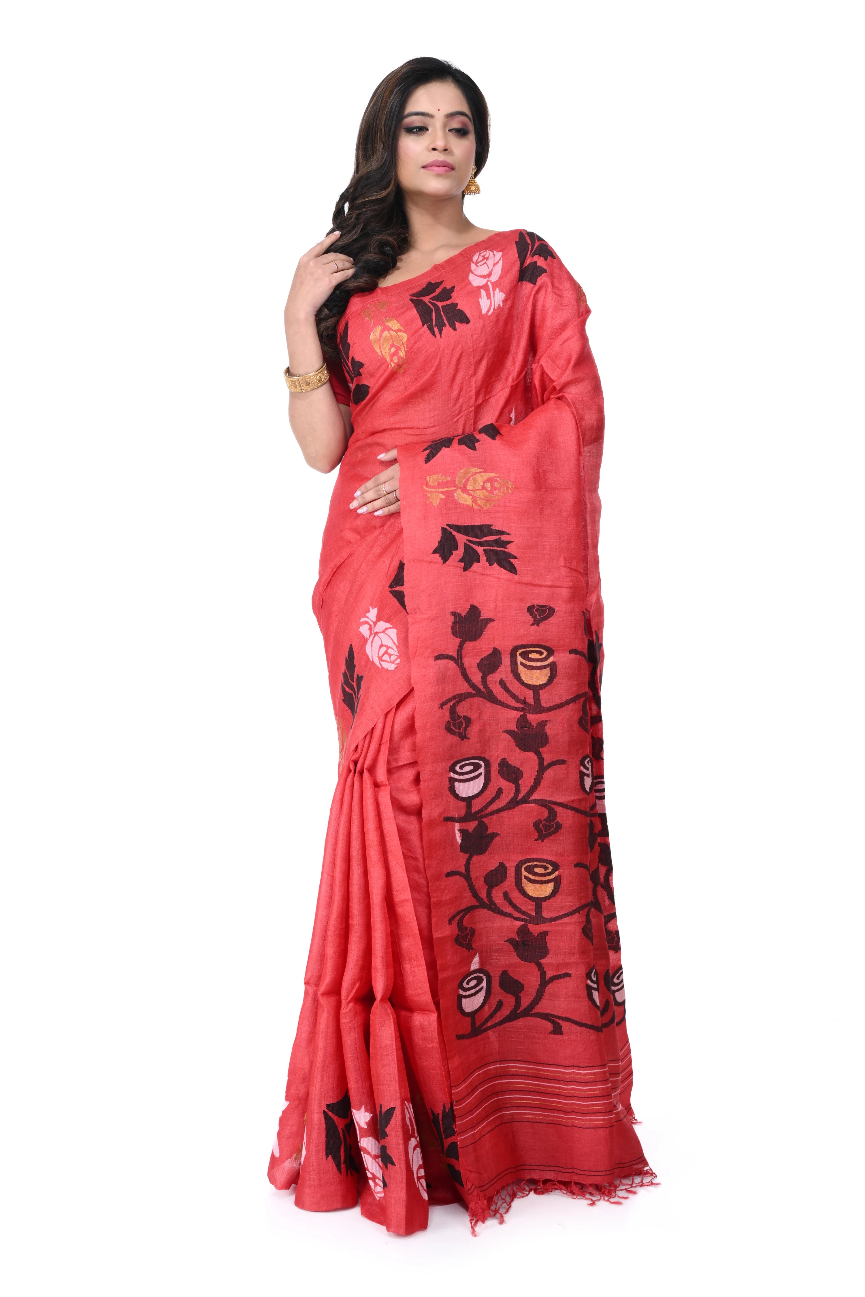 Red Pure Tussar Silk Saree with Rose Motif Needle Work
