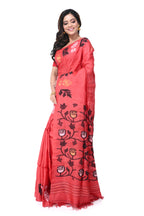 Red Pure Tussar Silk Saree with Rose Motif Needle Work