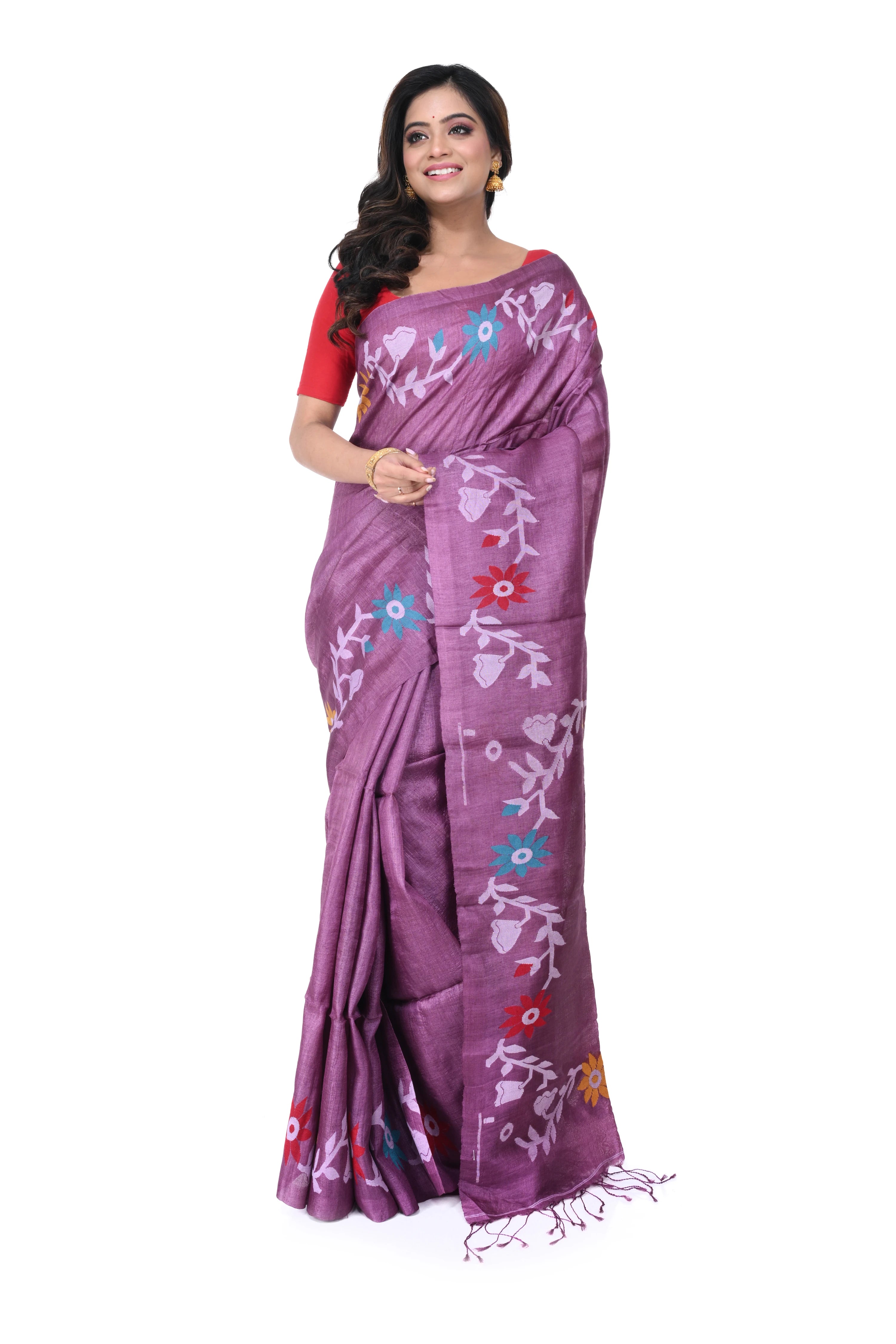 Pink Pure Tussar Silk Saree with Sunflower Motif Needle Work