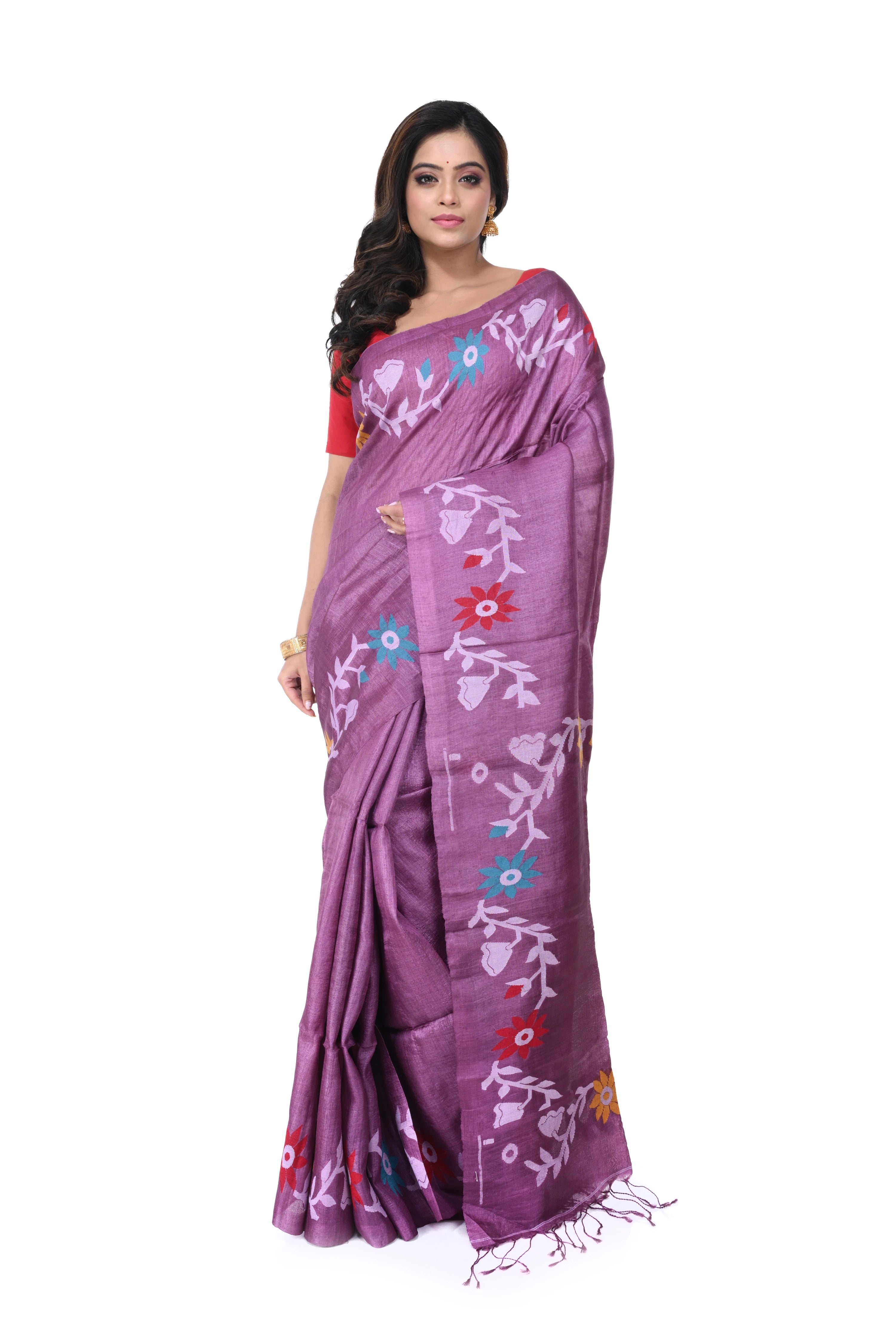 Pink Pure Tussar Silk Saree with Sunflower Motif Needle Work