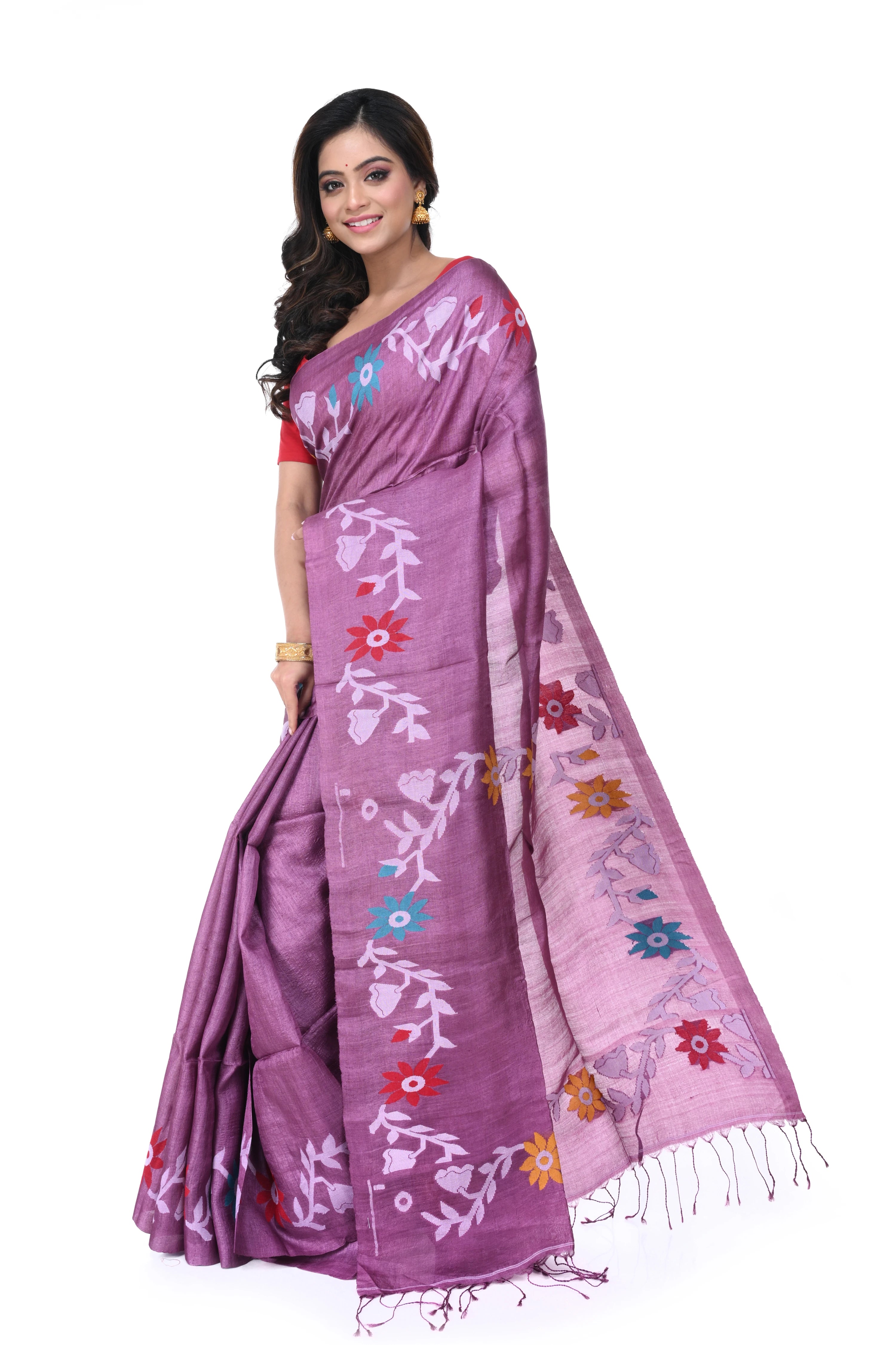 Pink Pure Tussar Silk Saree with Sunflower Motif Needle Work