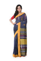 Grey Pure Cotton Handloom Saree with Yellow Border & Multicolour Thread Buta
