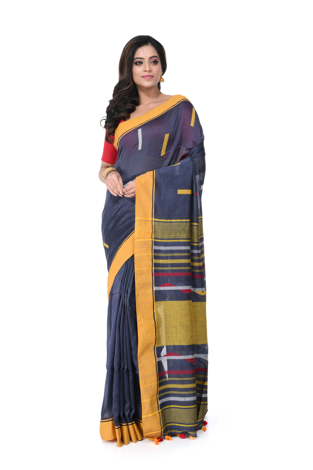 Grey Pure Cotton Handloom Saree with Yellow Border & Multicolour Thread Buta