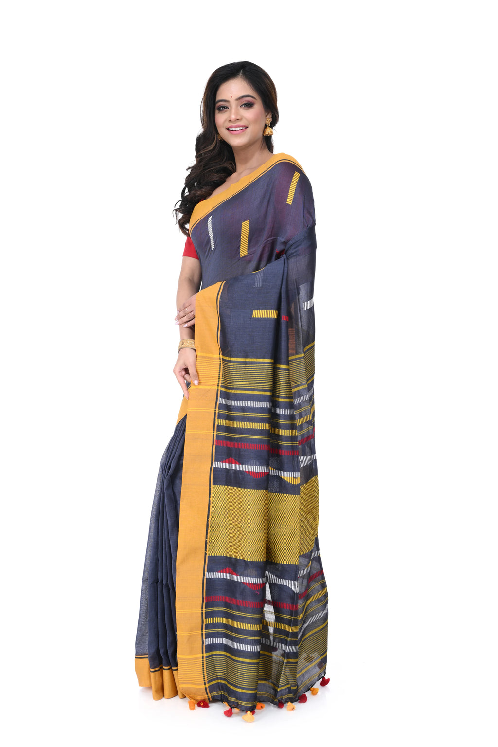 Grey Pure Cotton Handloom Saree with Yellow Border & Multicolour Thread Buta