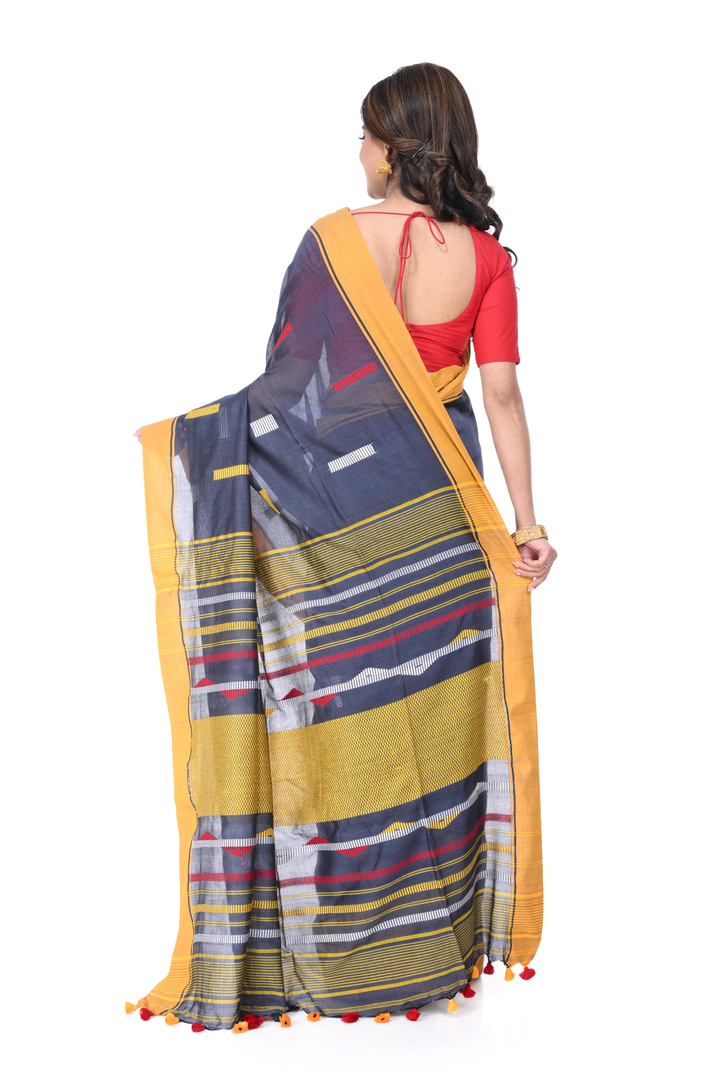 Grey Pure Cotton Handloom Saree with Yellow Border & Multicolour Thread Buta