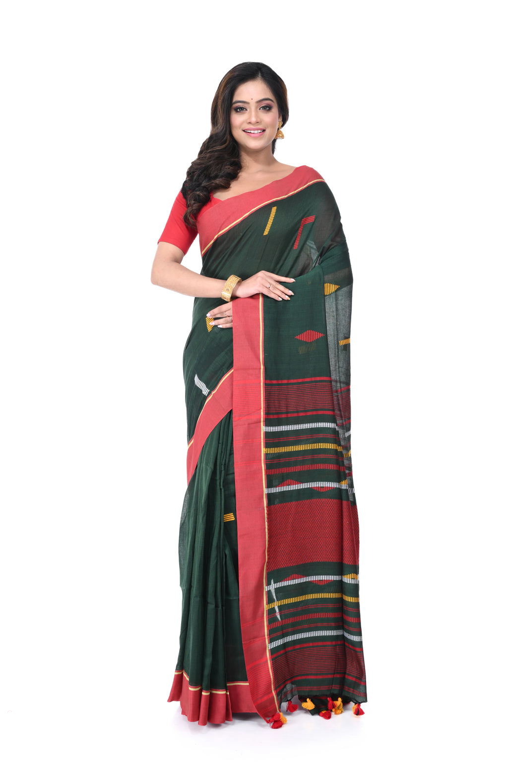 Green Cotton Handloom Saree with Red Border & Multicolour Buta