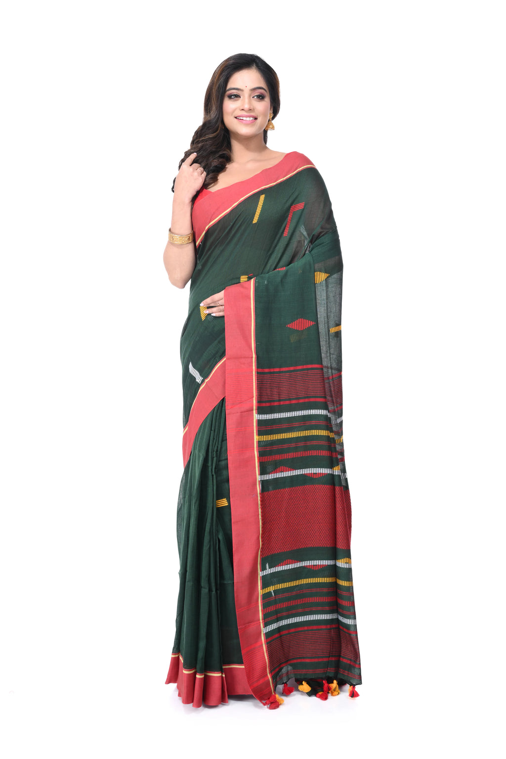 Green Cotton Handloom Saree with Red Border & Multicolour Buta
