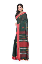 Green Cotton Handloom Saree with Red Border & Multicolour Buta