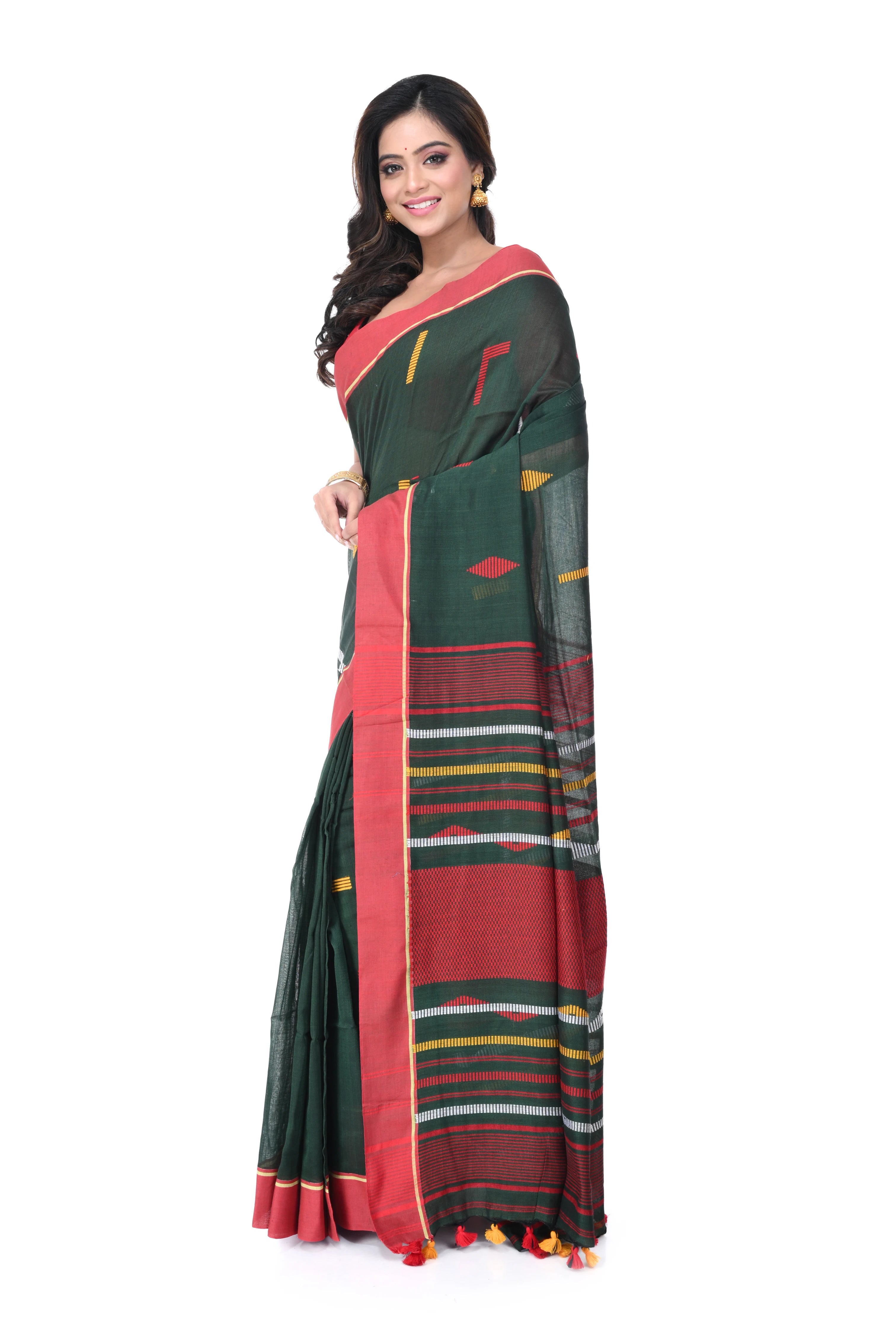 Green Cotton Handloom Saree with Red Border & Multicolour Buta