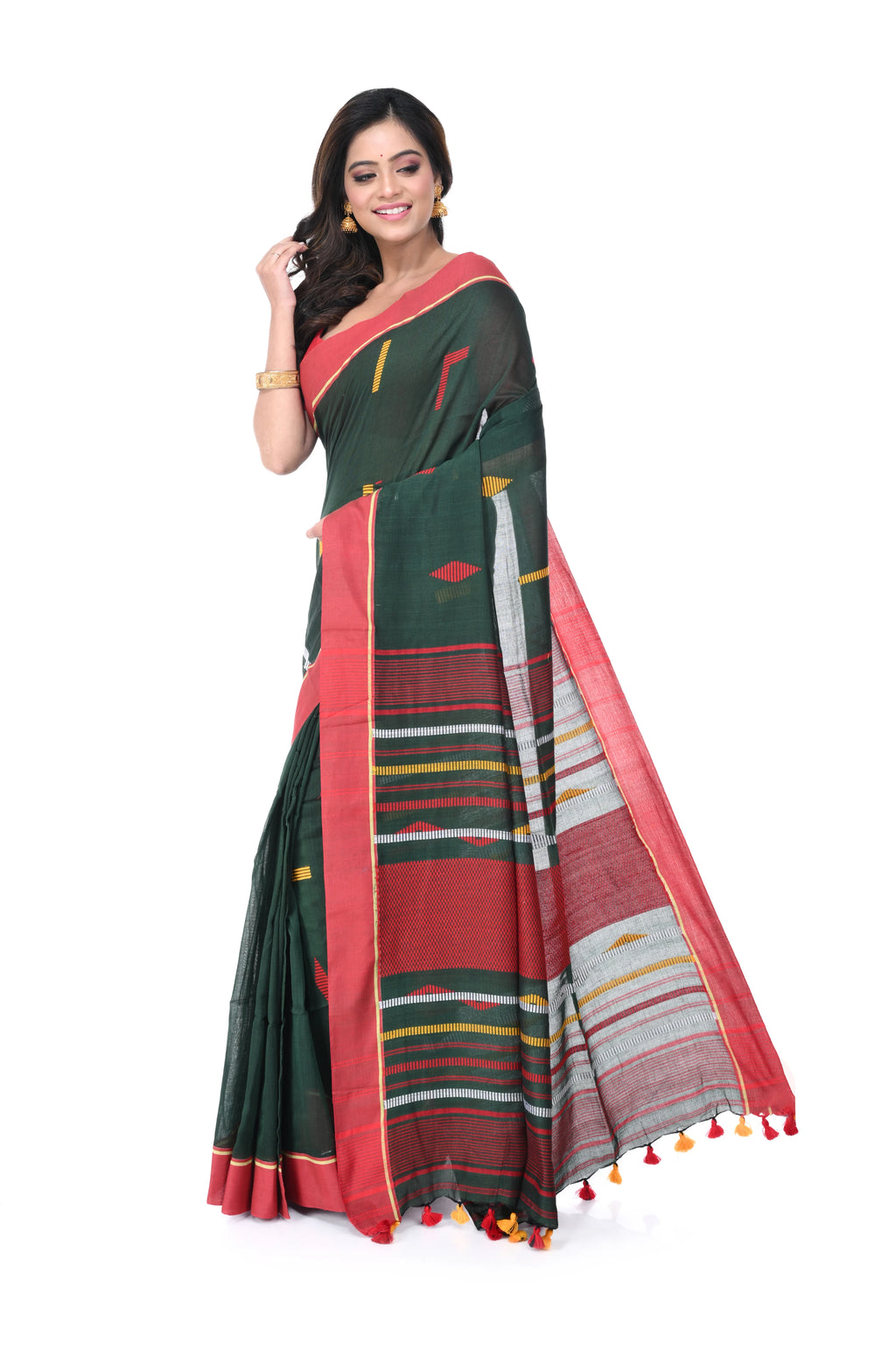Green Cotton Handloom Saree with Red Border & Multicolour Buta