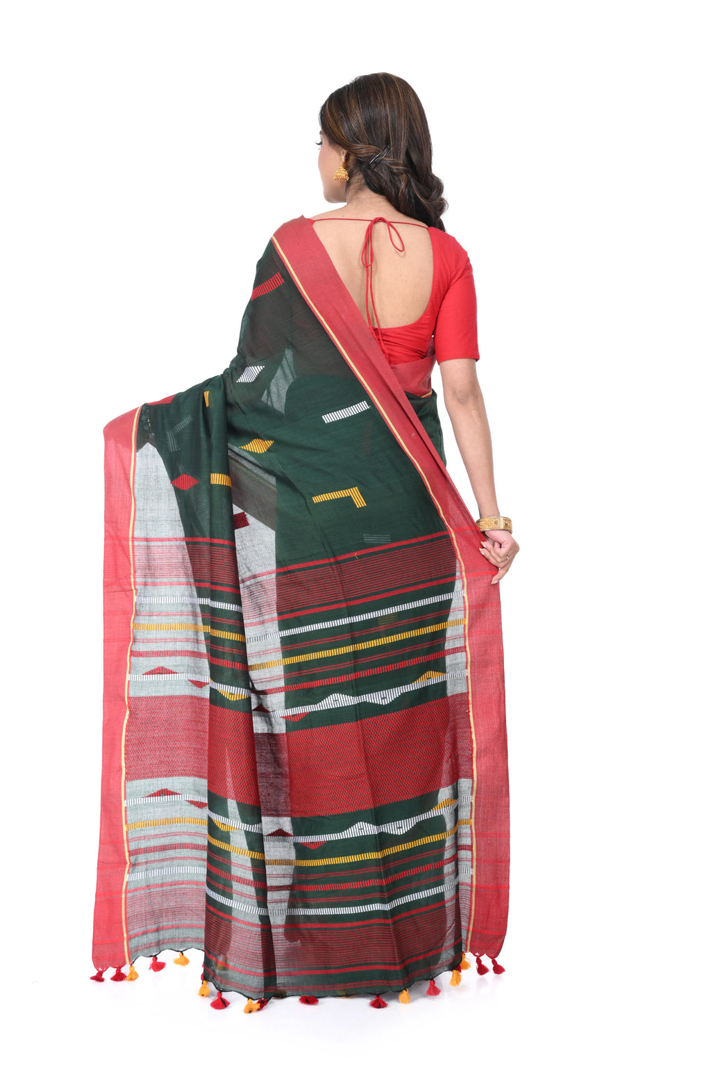 Green Cotton Handloom Saree with Red Border & Multicolour Buta