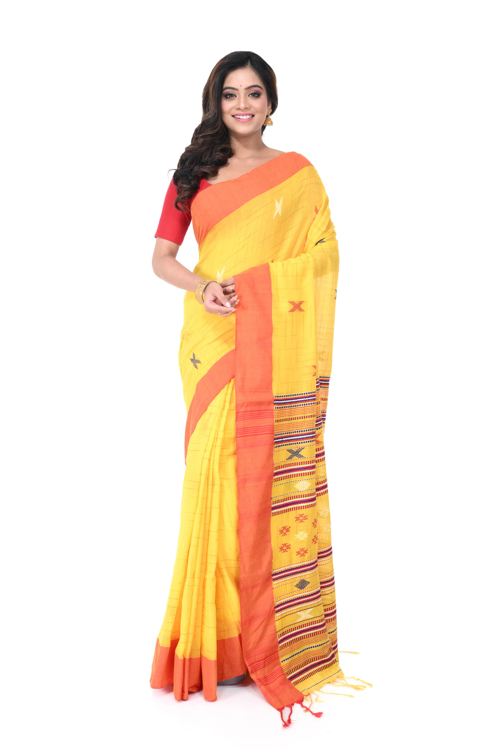 Yellow Handloom Saree with Red Border, Multicolour Buta & Rich Pallu