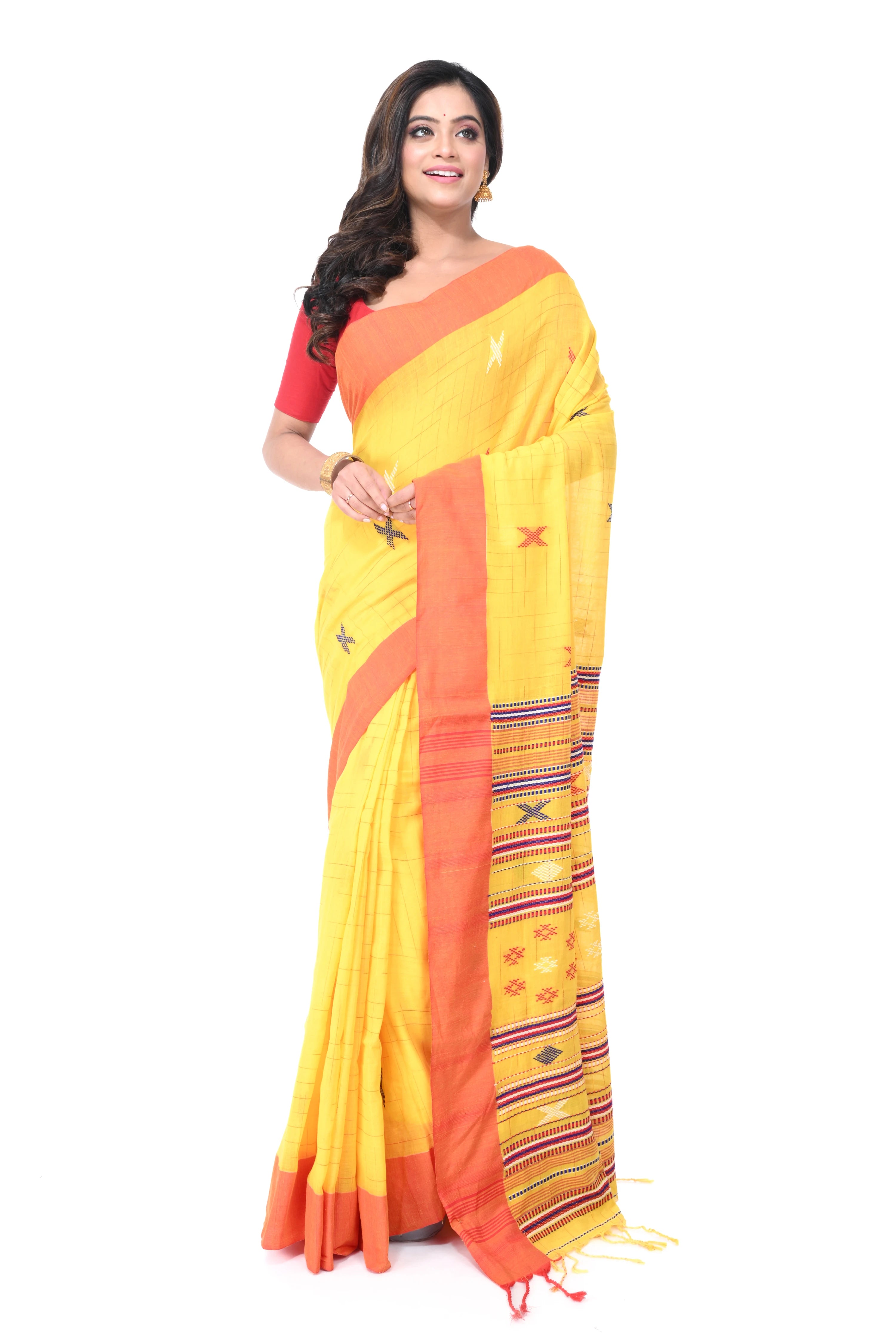 Yellow Handloom Saree with Red Border, Multicolour Buta & Rich Pallu