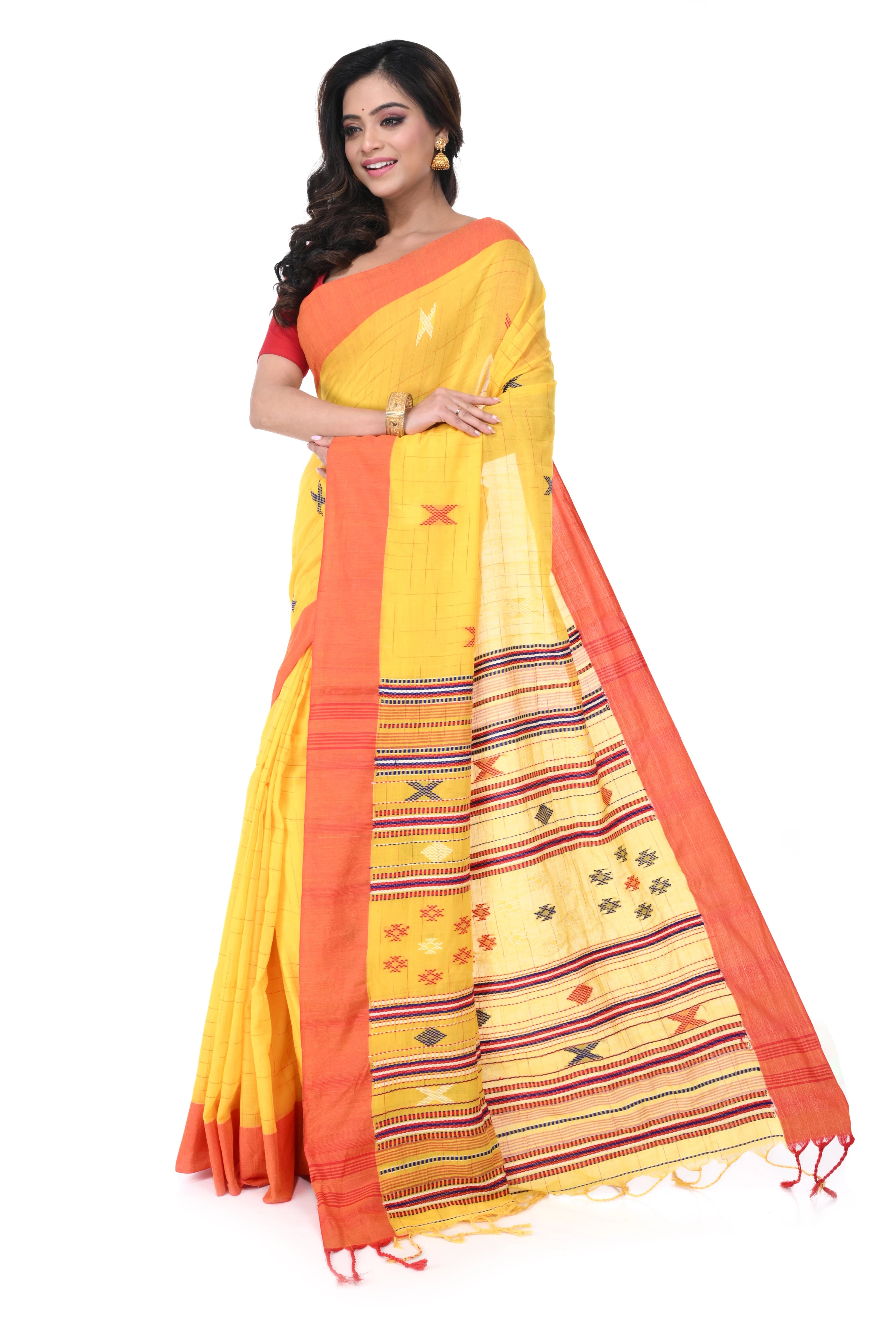Yellow Handloom Saree with Red Border, Multicolour Buta & Rich Pallu