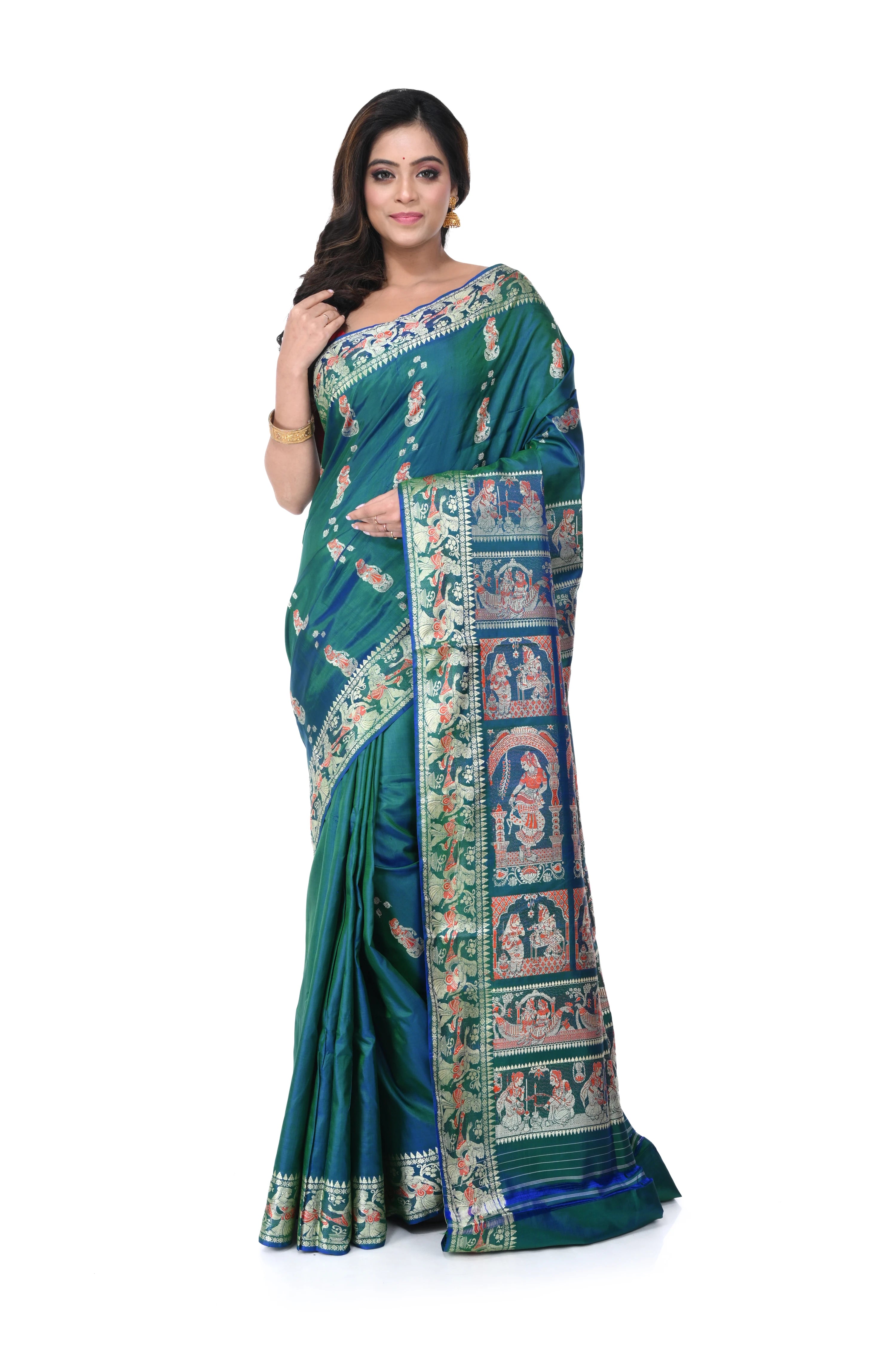 Greenish - Blue Pure Baluchori Saree with Meenakari Work Border & Long Pallu