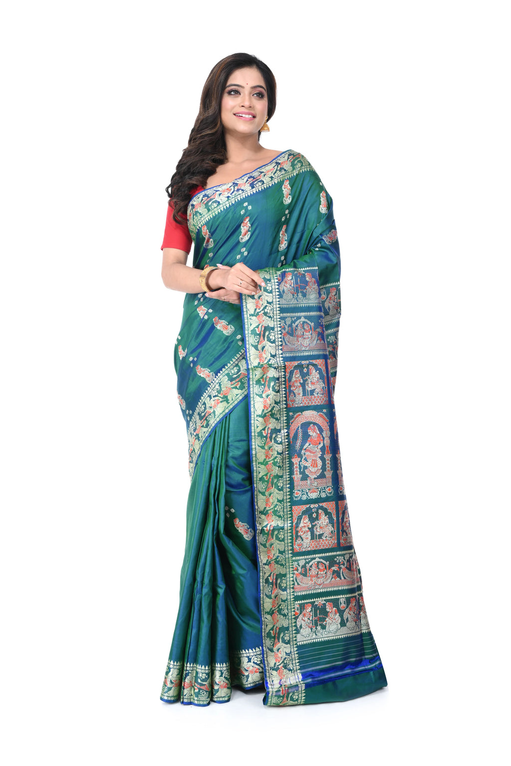 Greenish - Blue Pure Baluchori Saree with Meenakari Work Border & Long Pallu