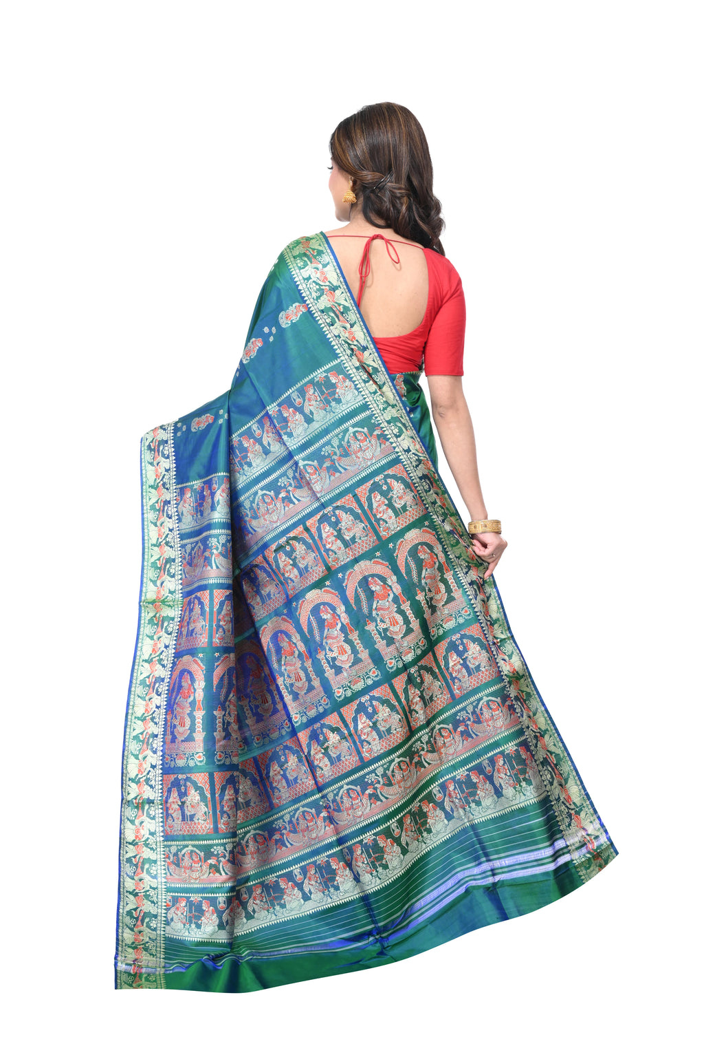 Greenish - Blue Pure Baluchori Saree with Meenakari Work Border & Long Pallu