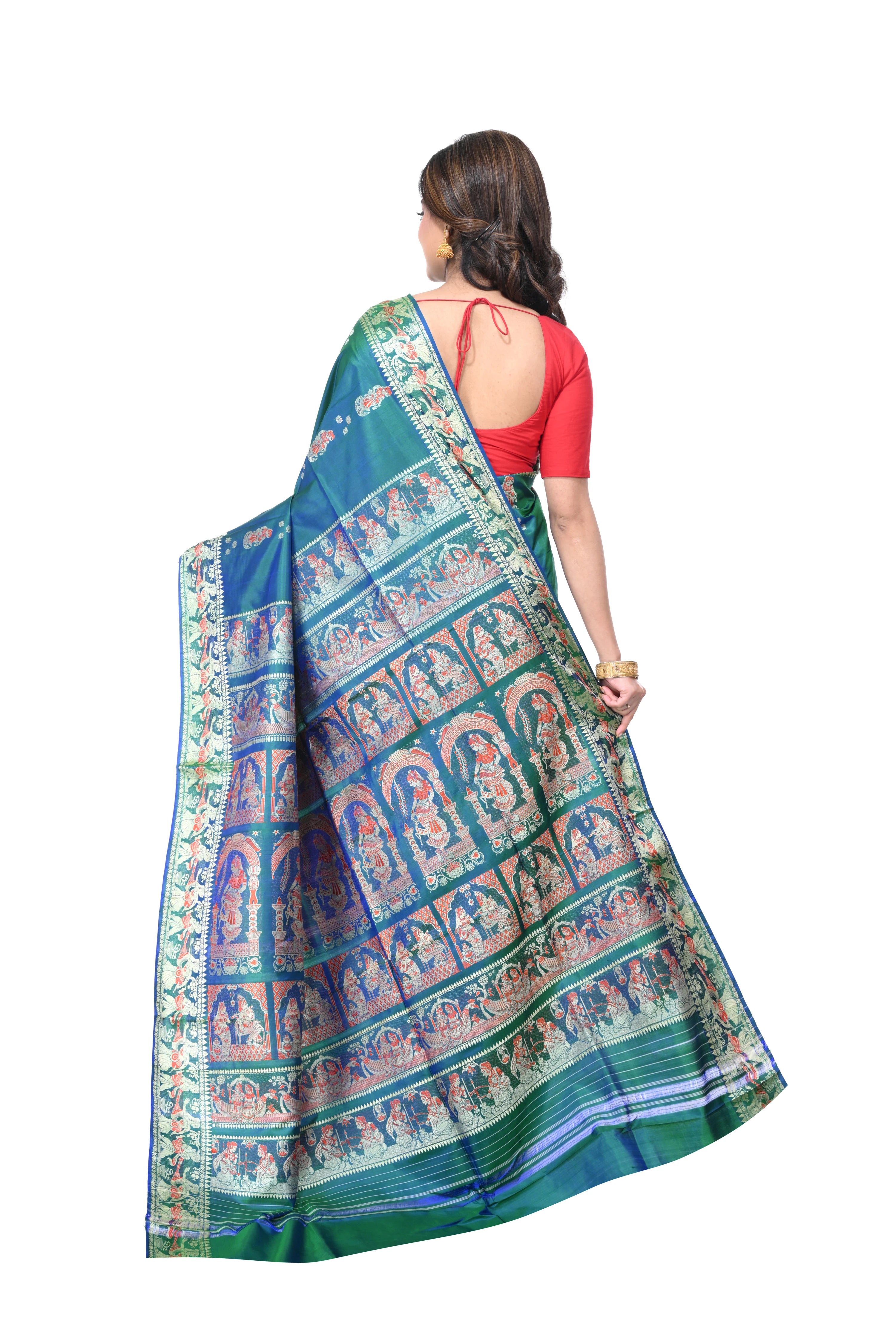 Greenish - Blue Pure Baluchori Saree with Meenakari Work Border & Long Pallu