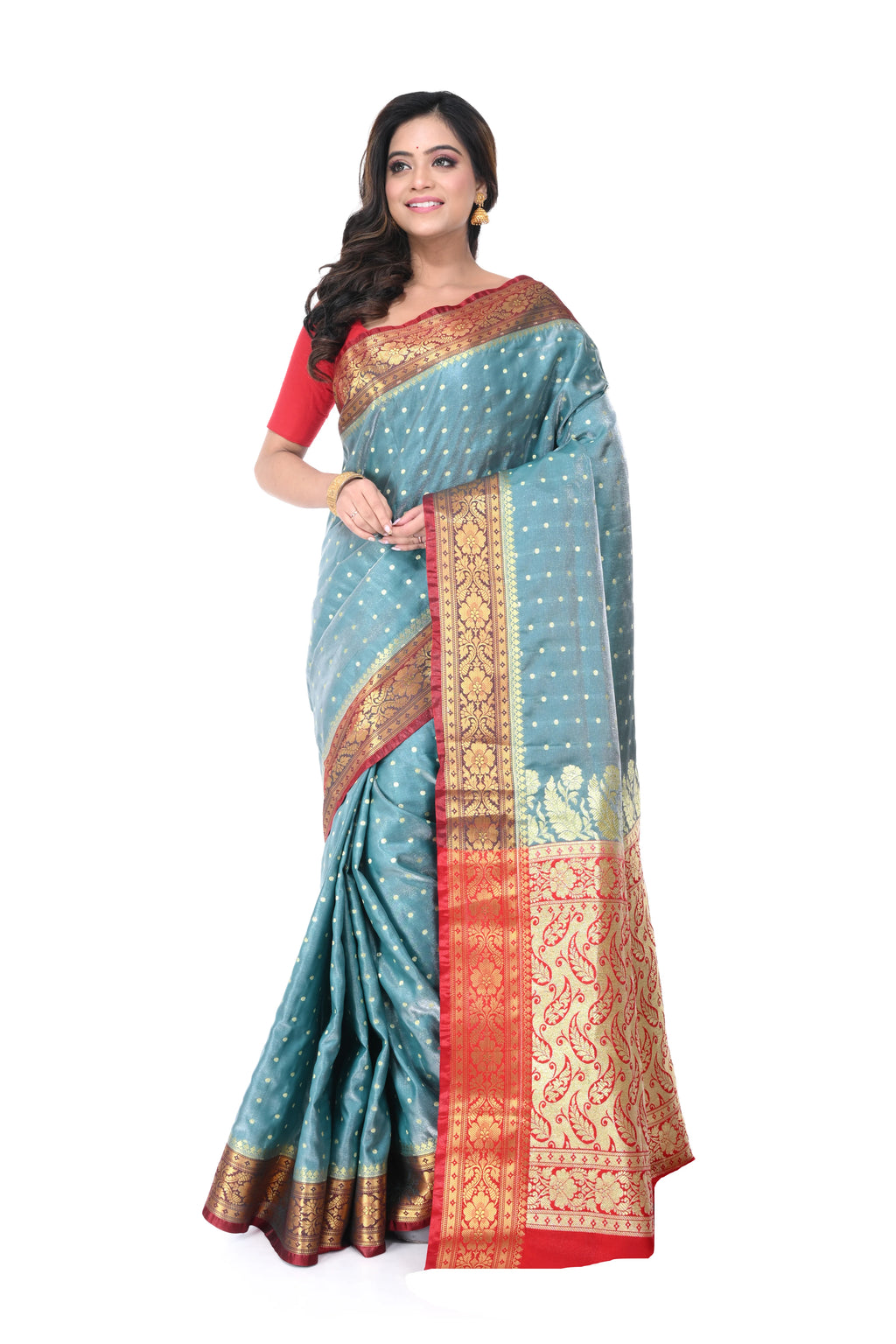 Light Sky Blue Satin Benarasi Saree with Red Border & Zari Pallu
