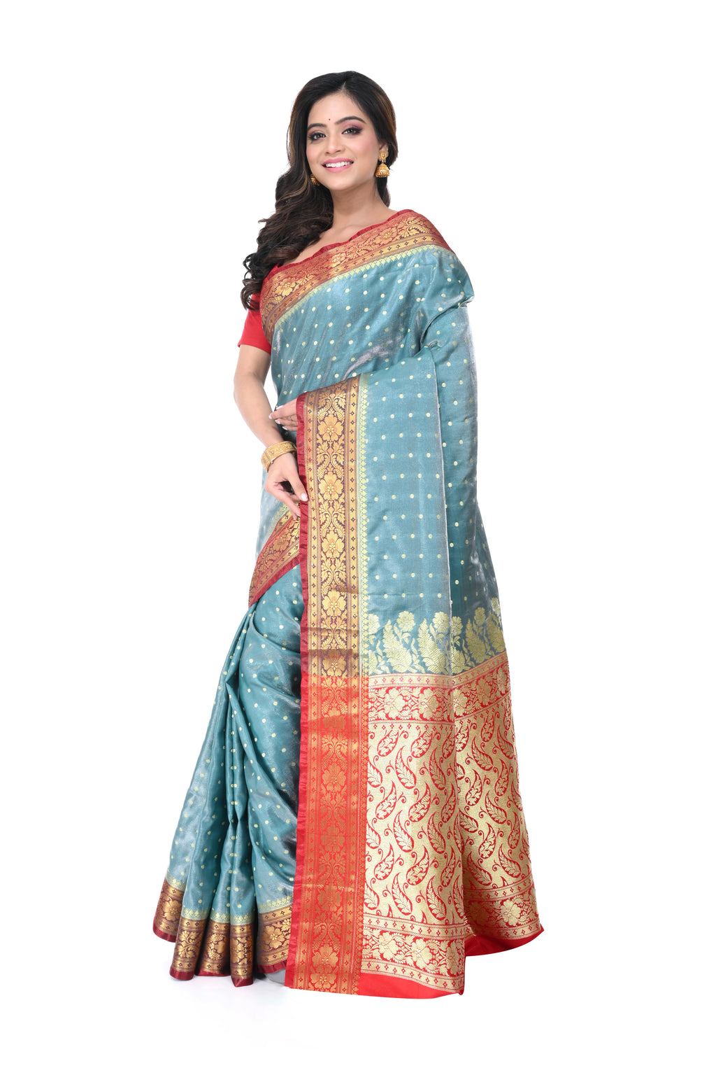 Light Sky Blue Satin Benarasi Saree with Red Border & Zari Pallu