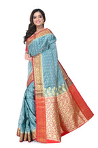 Light Sky Blue Satin Benarasi Saree with Red Border & Zari Pallu