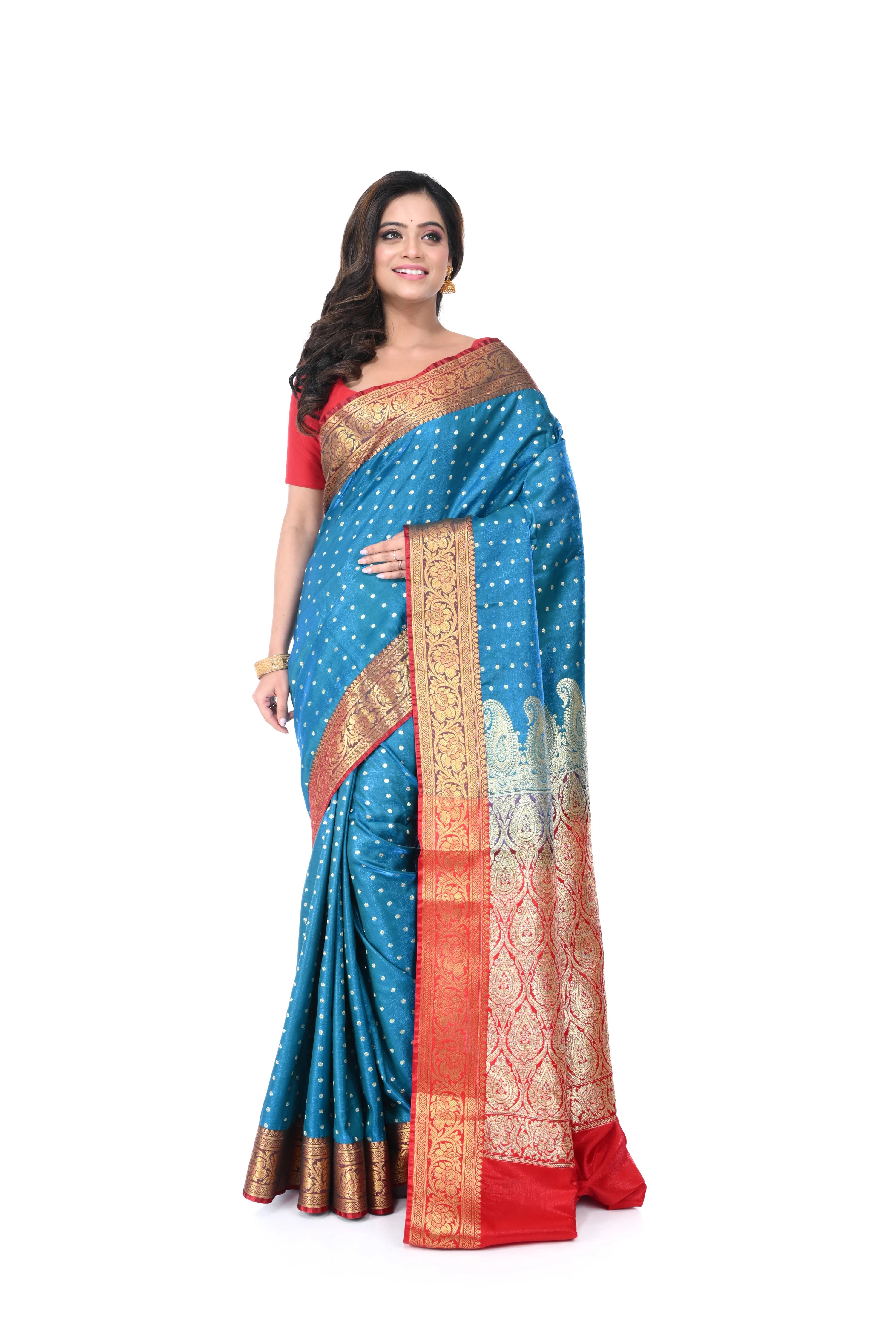 Firozi Satin Benarasi Saree with Red Border & Zari Pallu